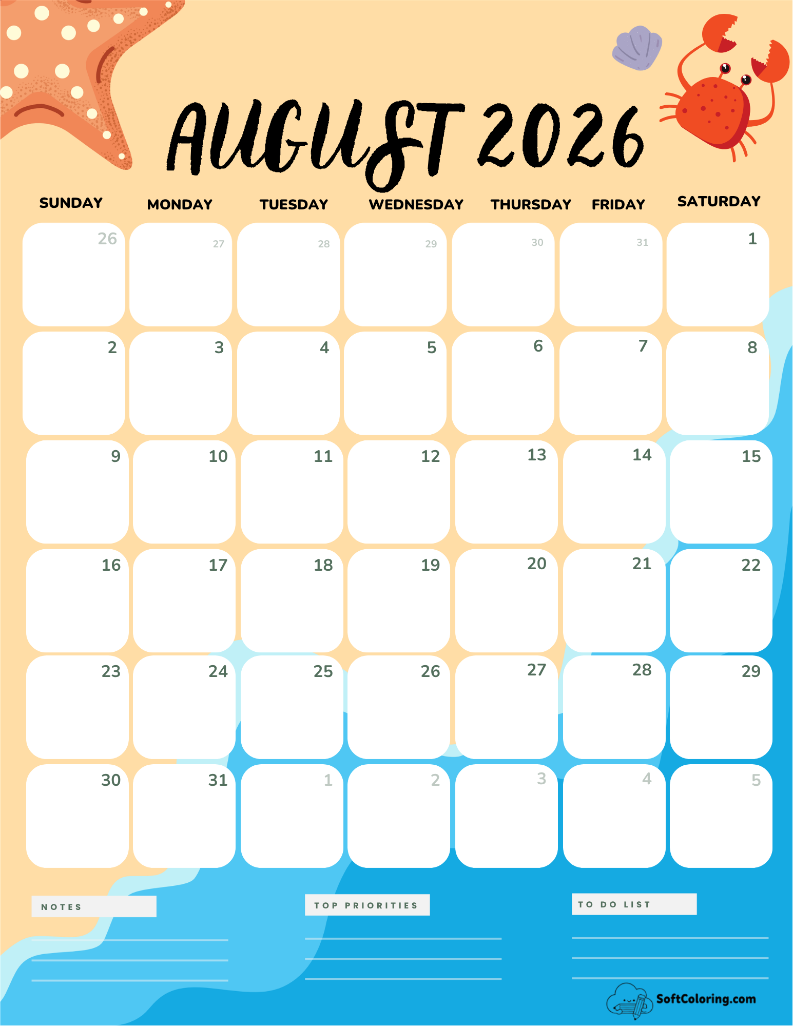 August 2026 Calendar Printable Beach Portrait