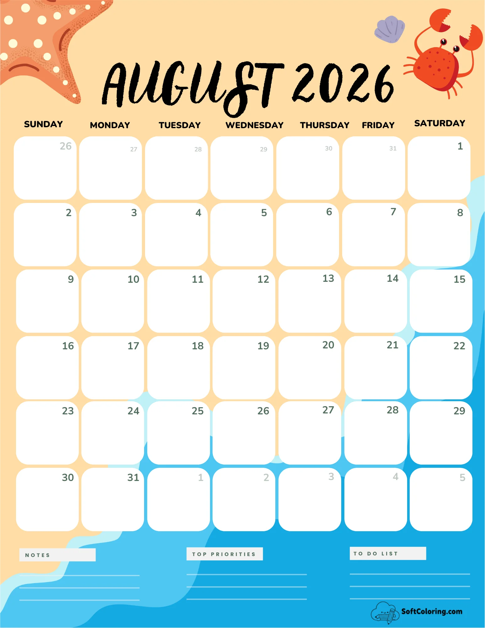 August 2026 Calendar Printable Beach Portrait
