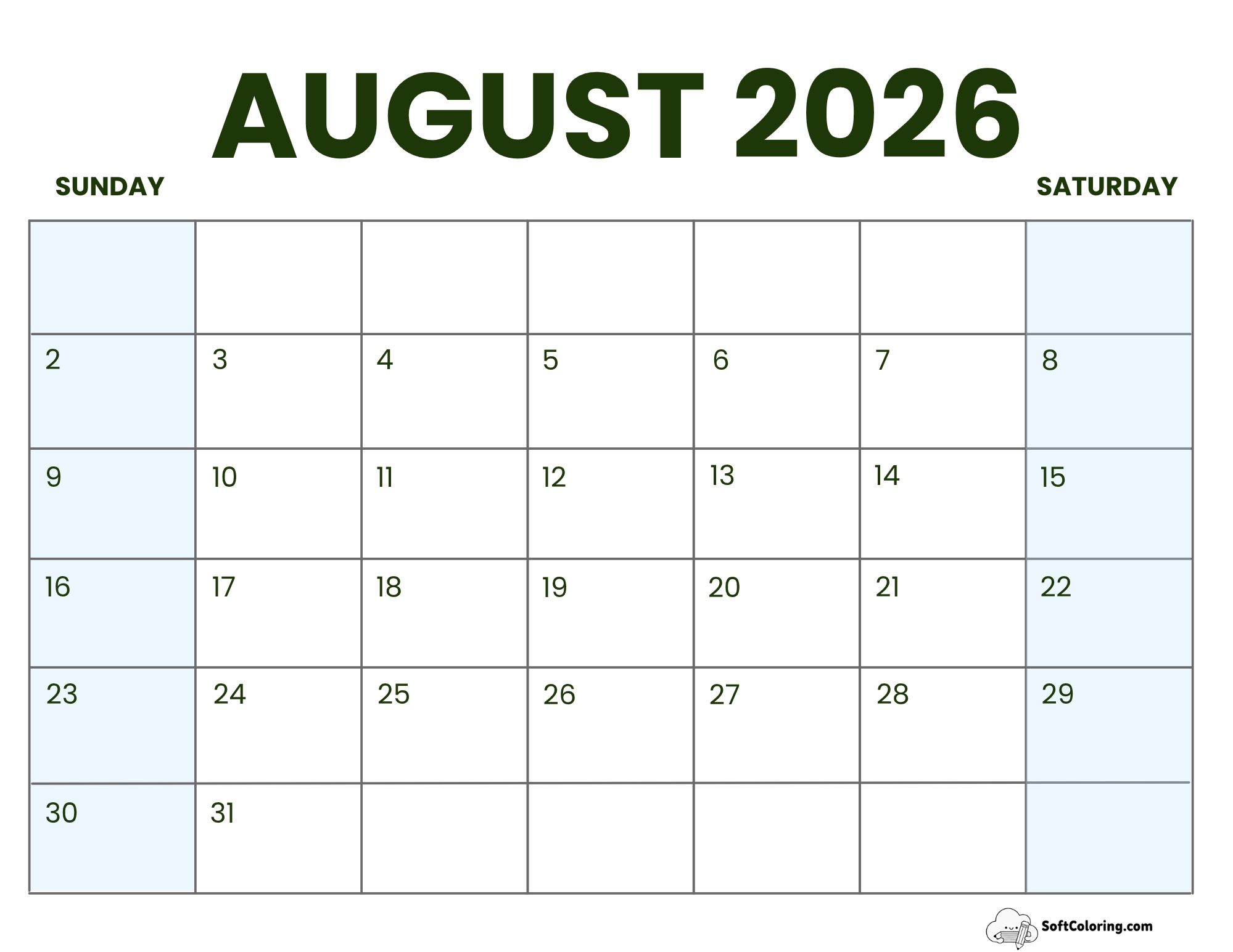 August 2026 Calendar Printable Business3 Landscape