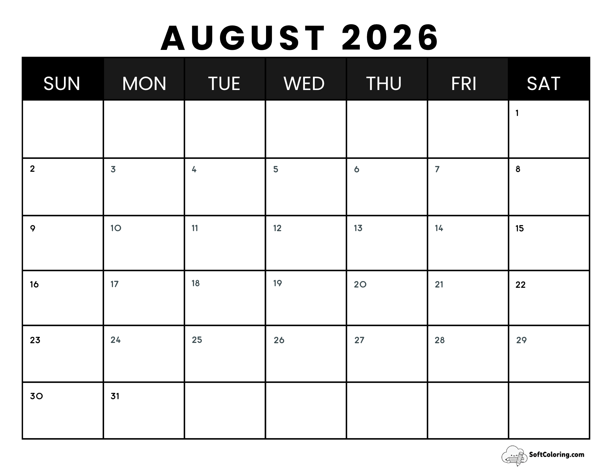 August 2026 Calendar Printable Business4 Landscape