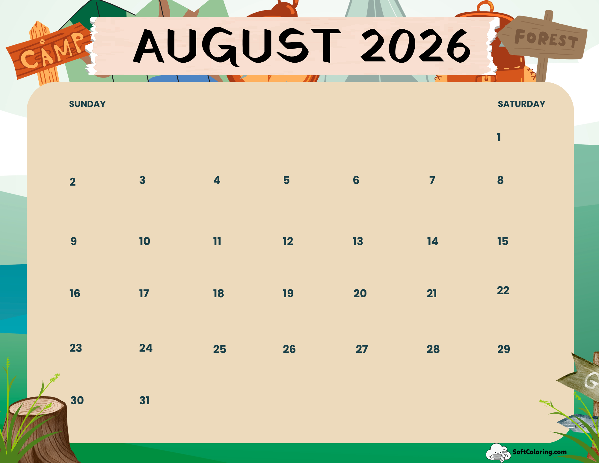 August 2026 Calendar Printable Camp Landscape