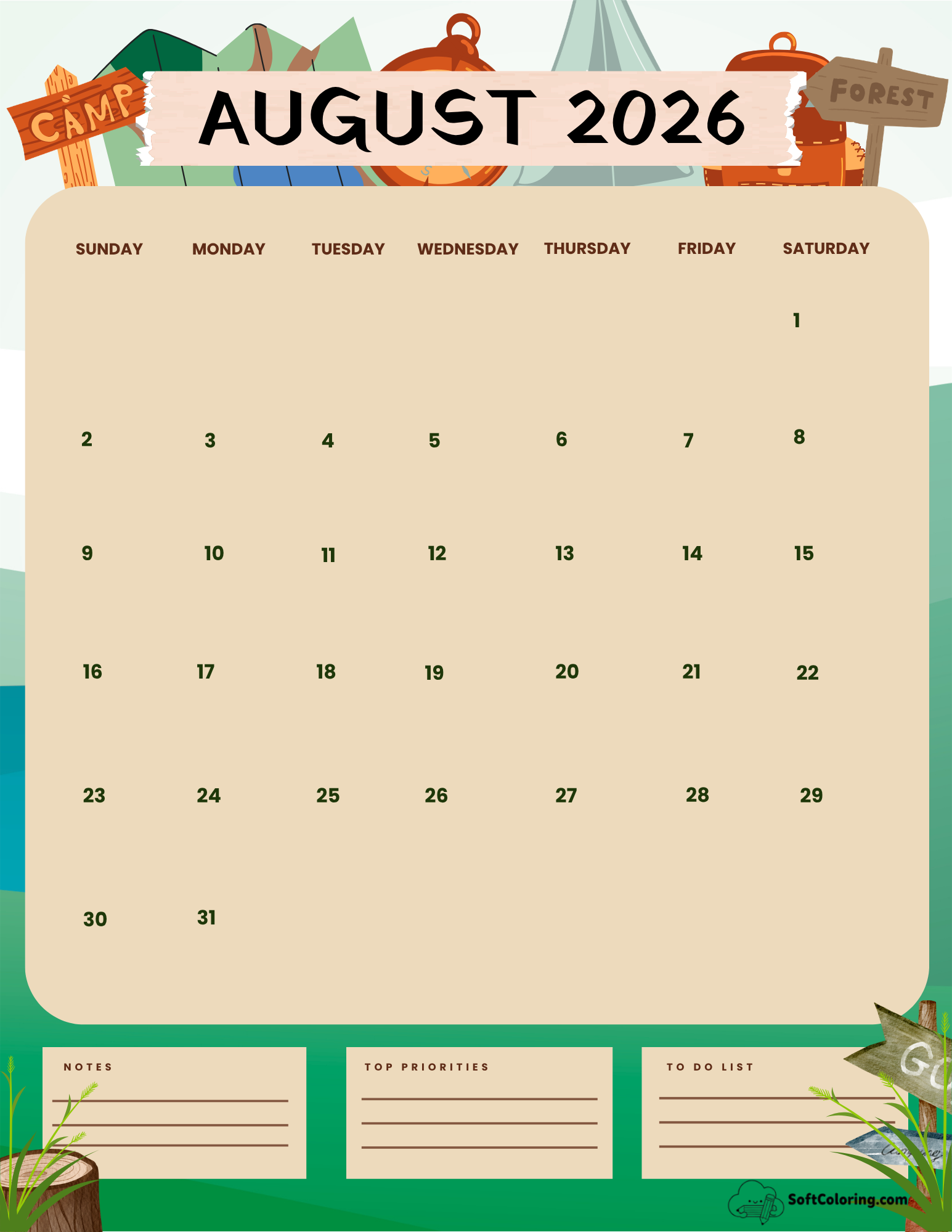 August 2026 Calendar Printable Camp Portrait