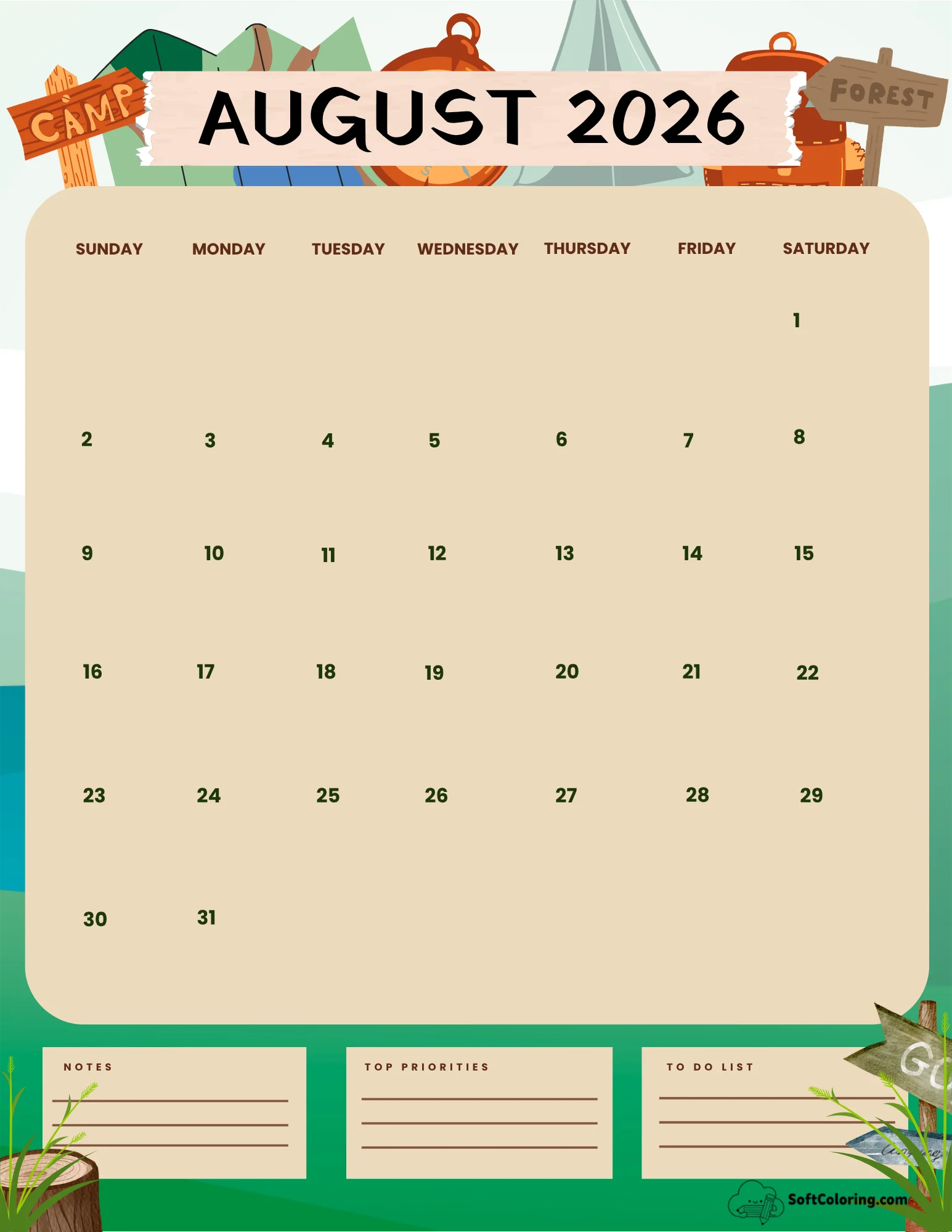 August 2026 Calendar Printable Camp Portrait