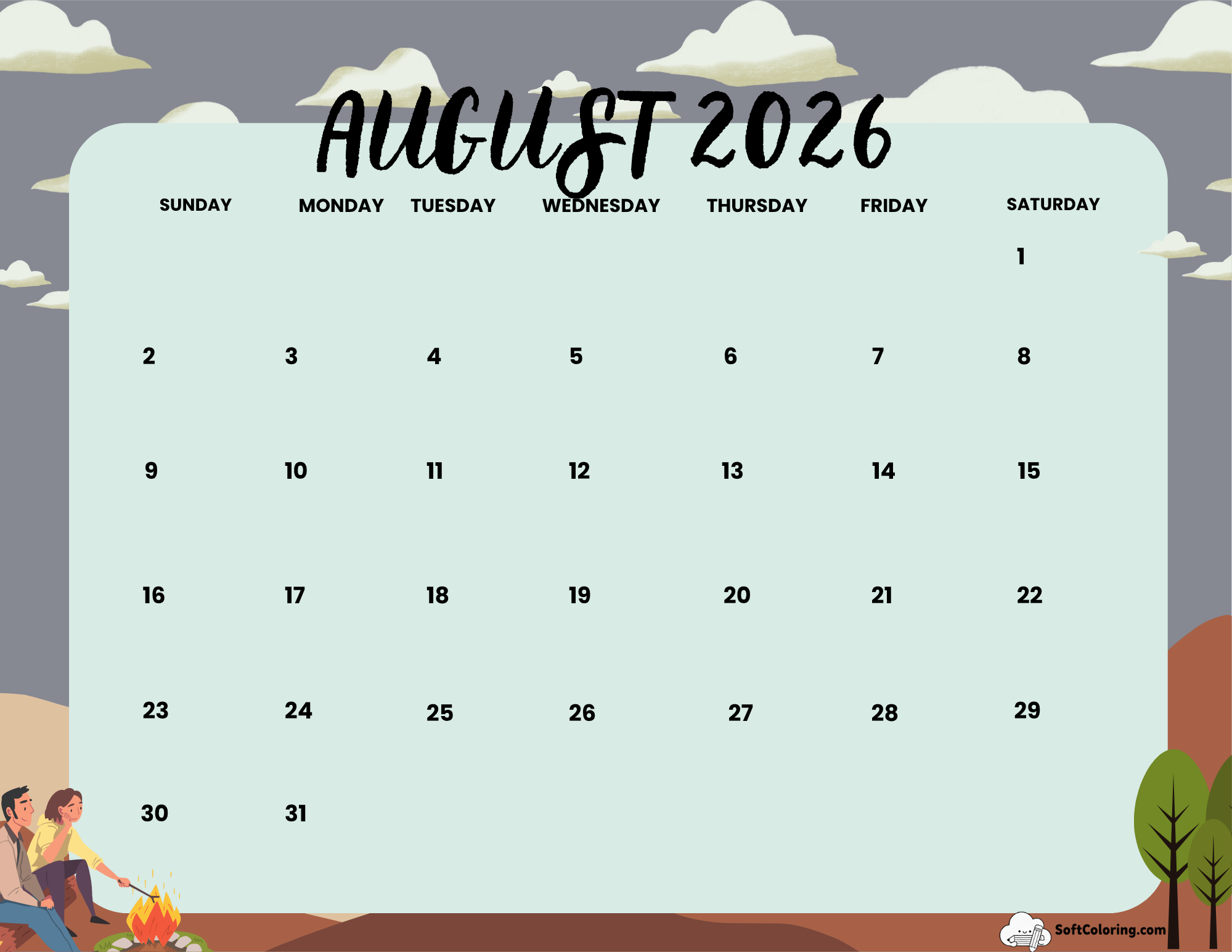 August 2026 Calendar Printable Campers Landscape