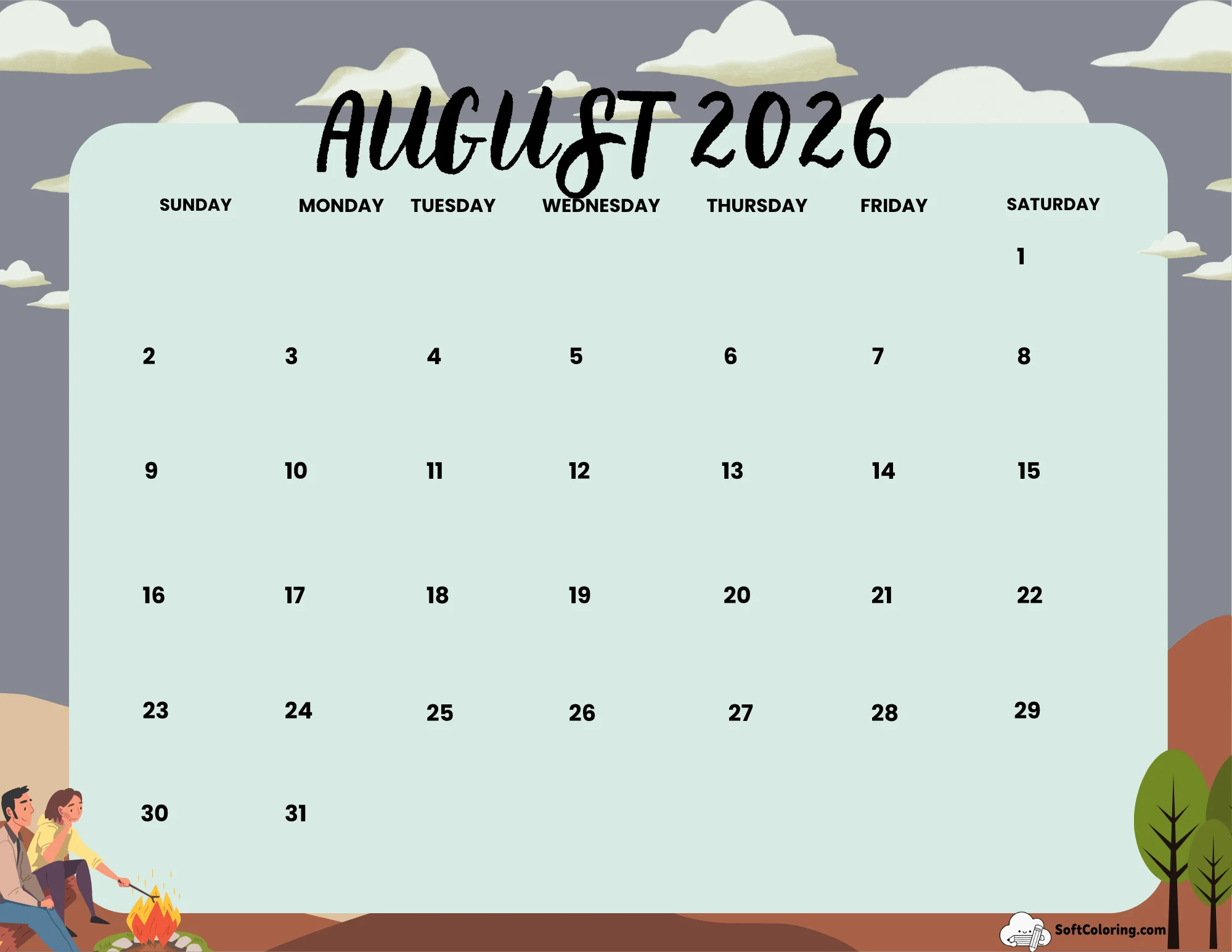 August 2026 Calendar Printable Campers Landscape