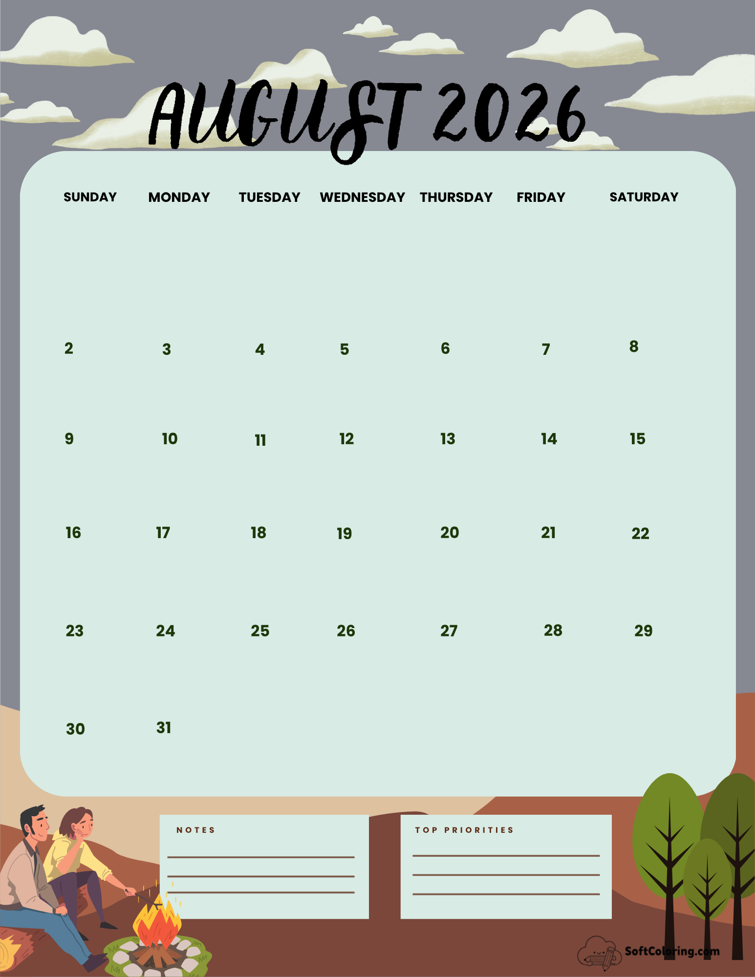 August 2026 Calendar Printable Campers Portrait