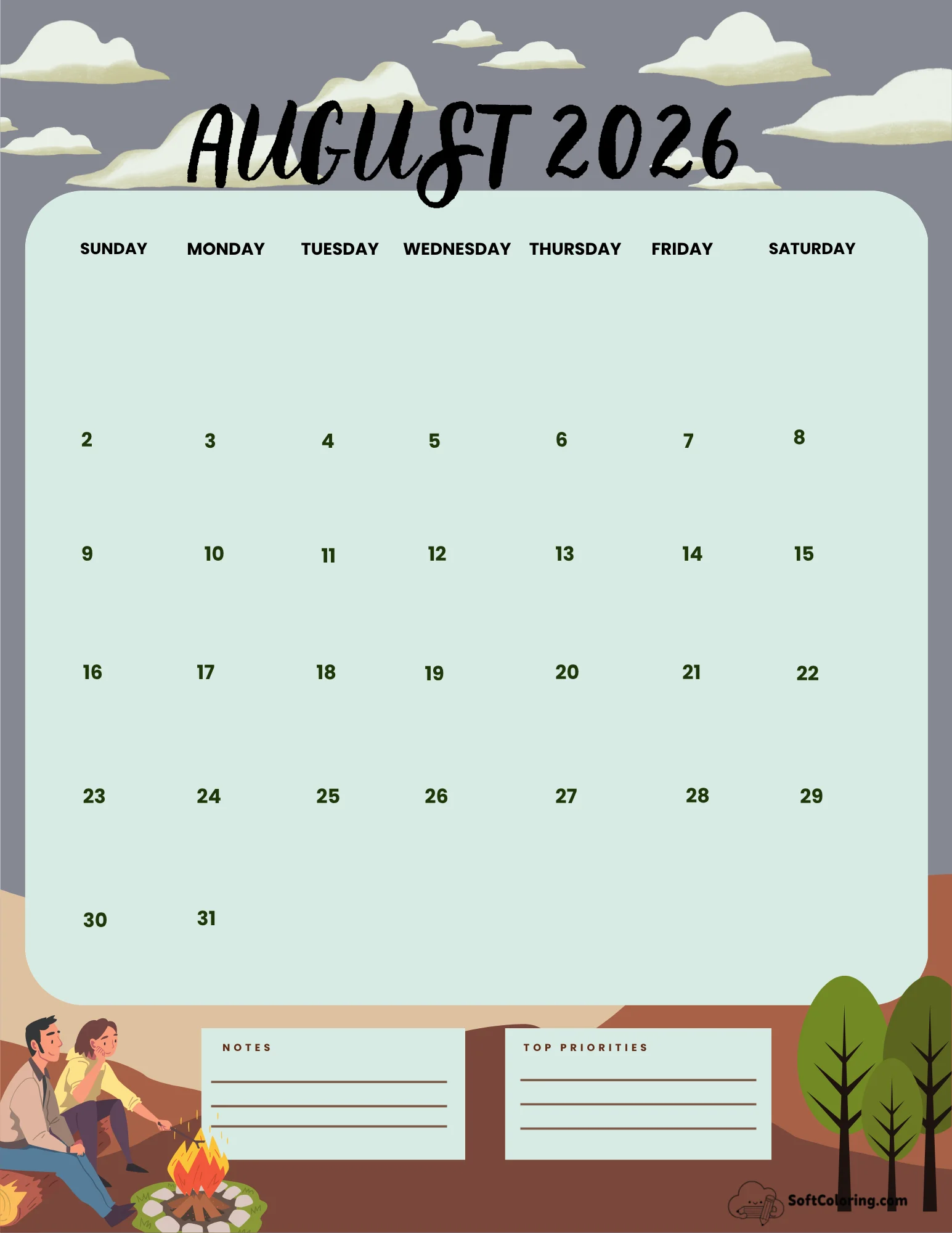 August 2026 Calendar Printable Campers Portrait