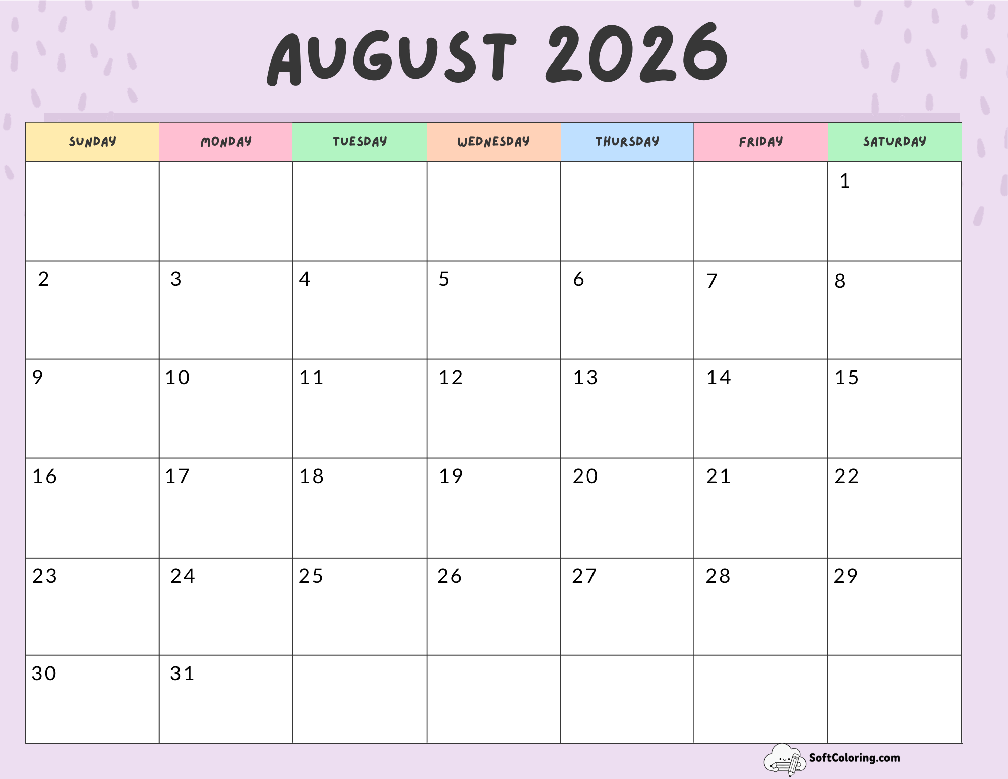 August 2026 Calendar Printable Colorful Landscape