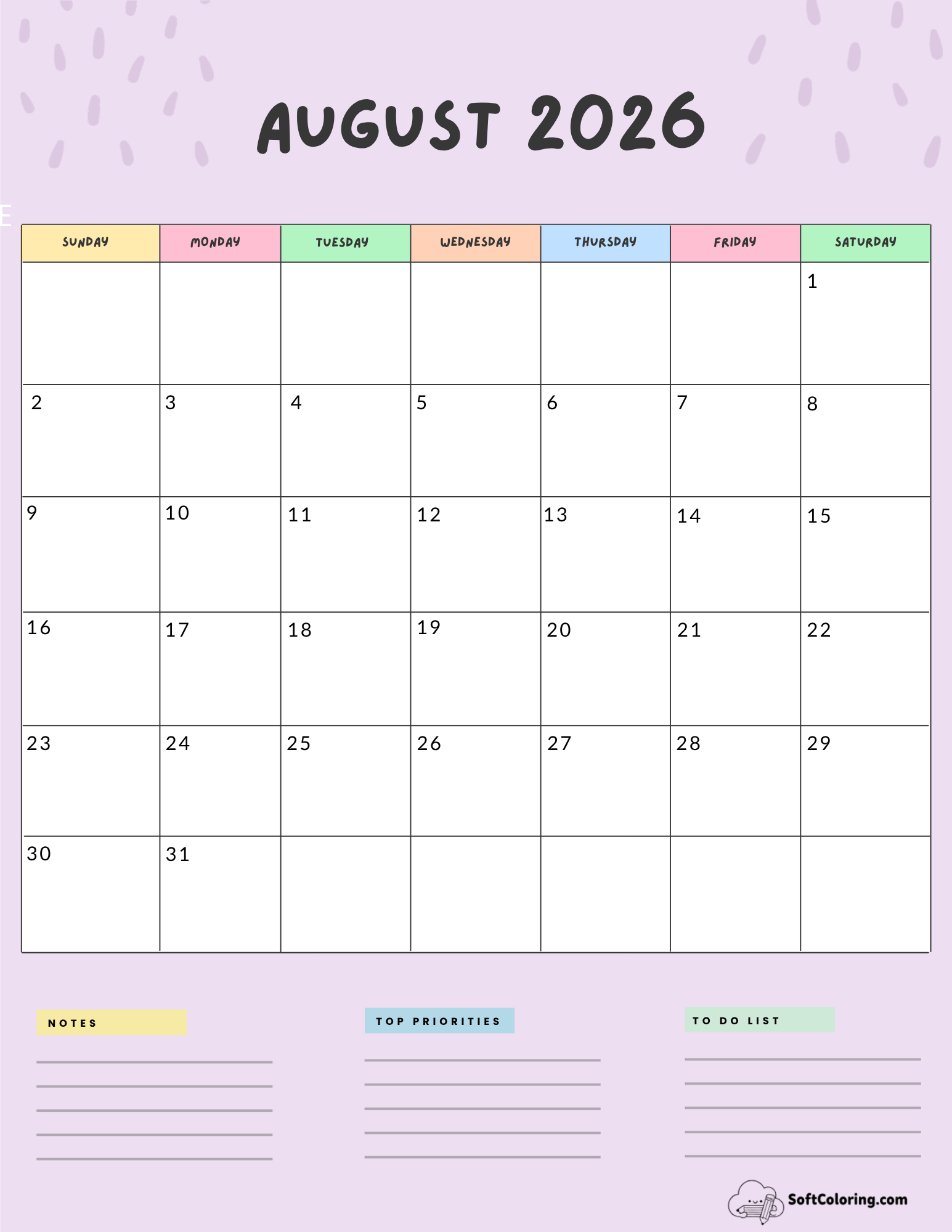 August 2026 Calendar Printable Colorful Portrait