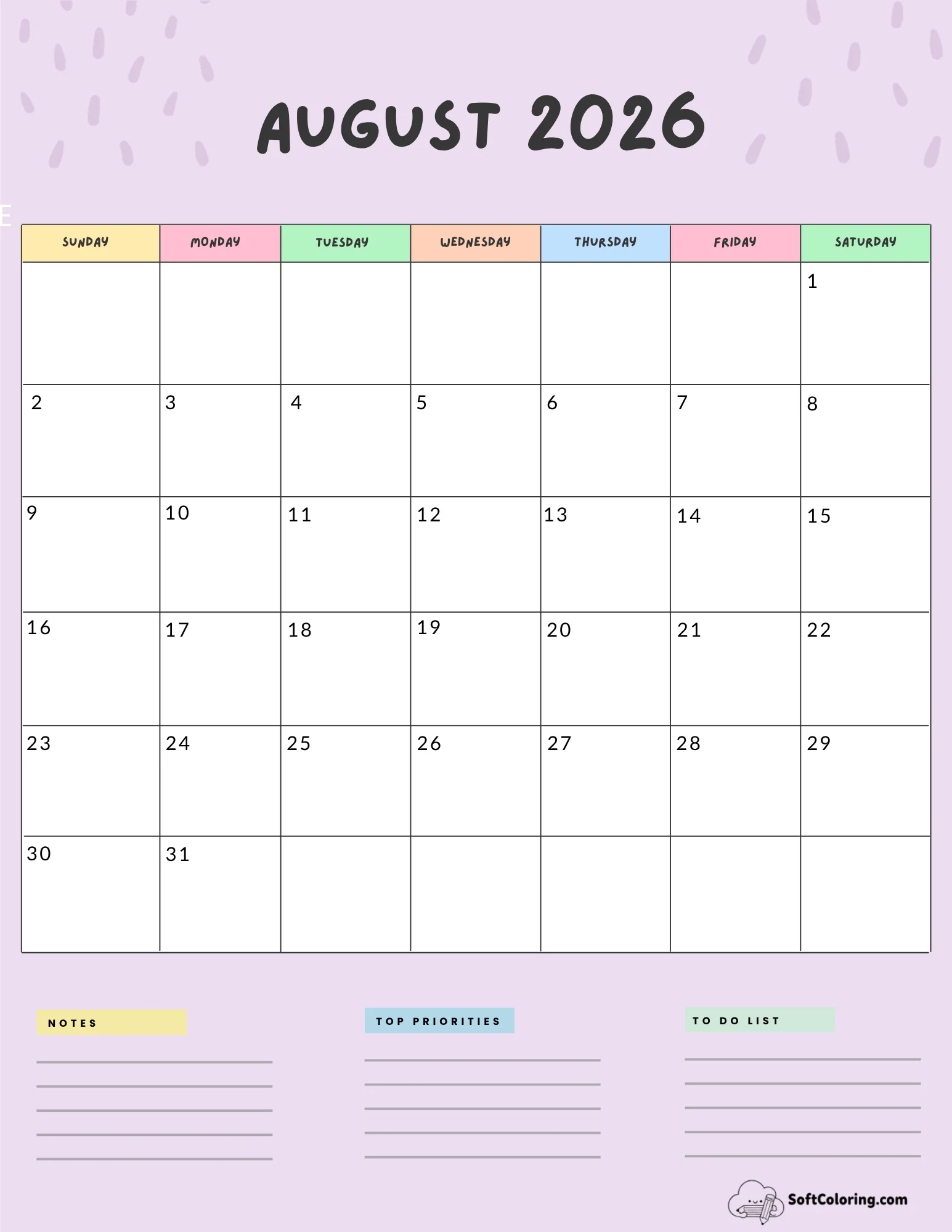 August 2026 Calendar Printable Colorful Portrait