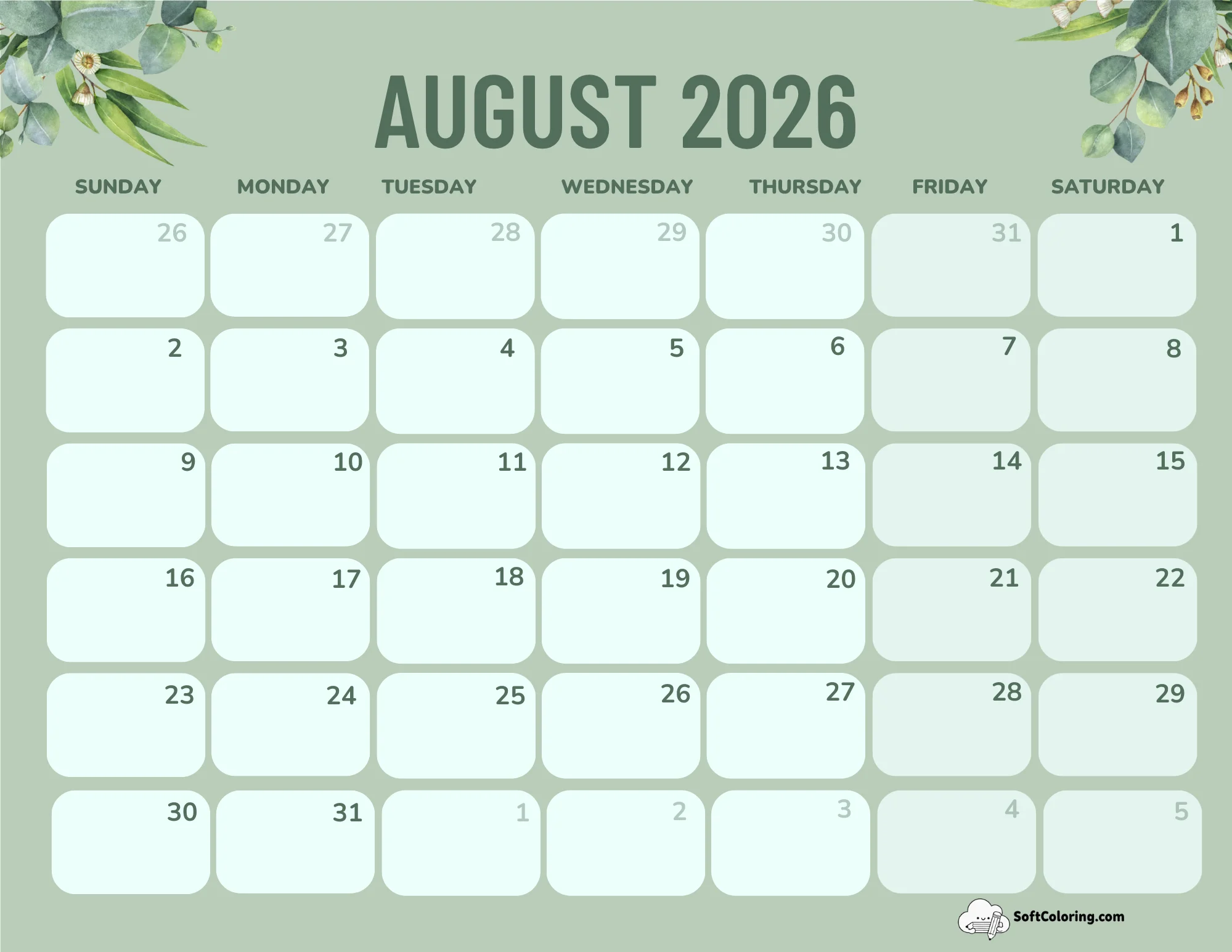 Calendar Printable Green Landscape