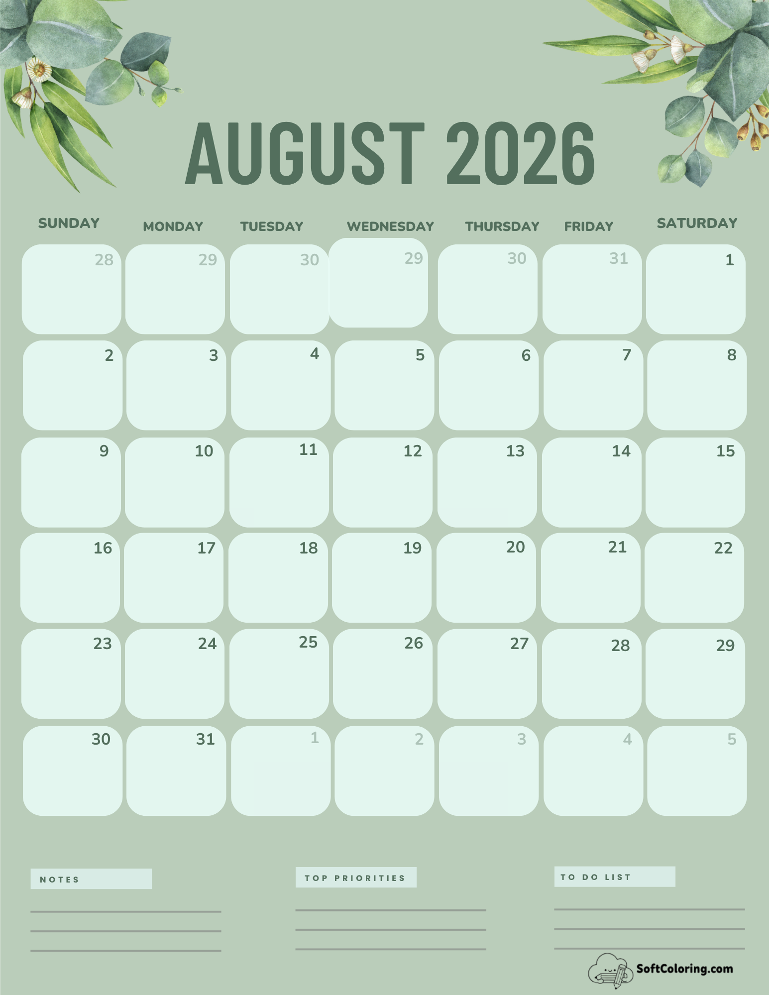 August 2026 Calendar Printable Green Portrait