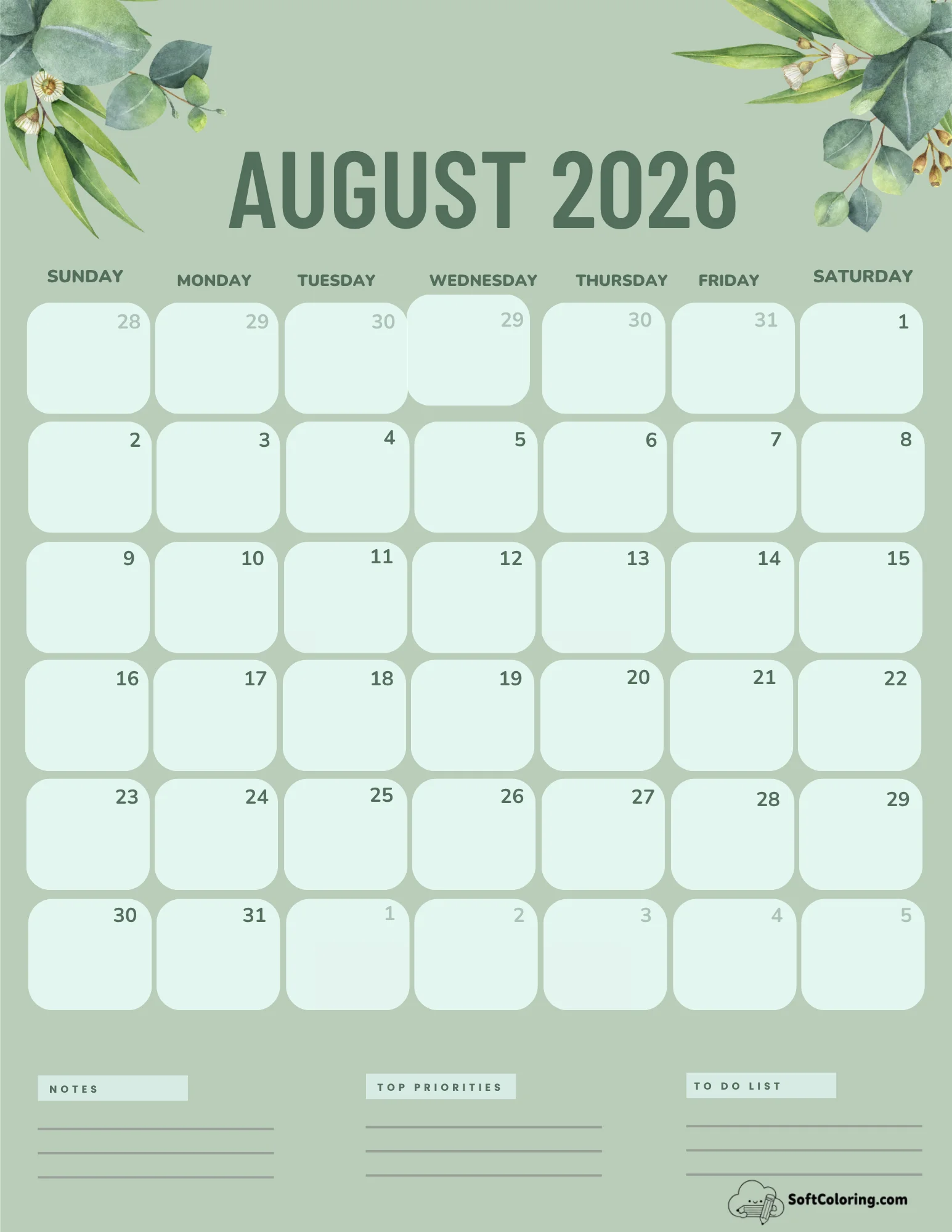 August 2026 Calendar Printable Green Portrait