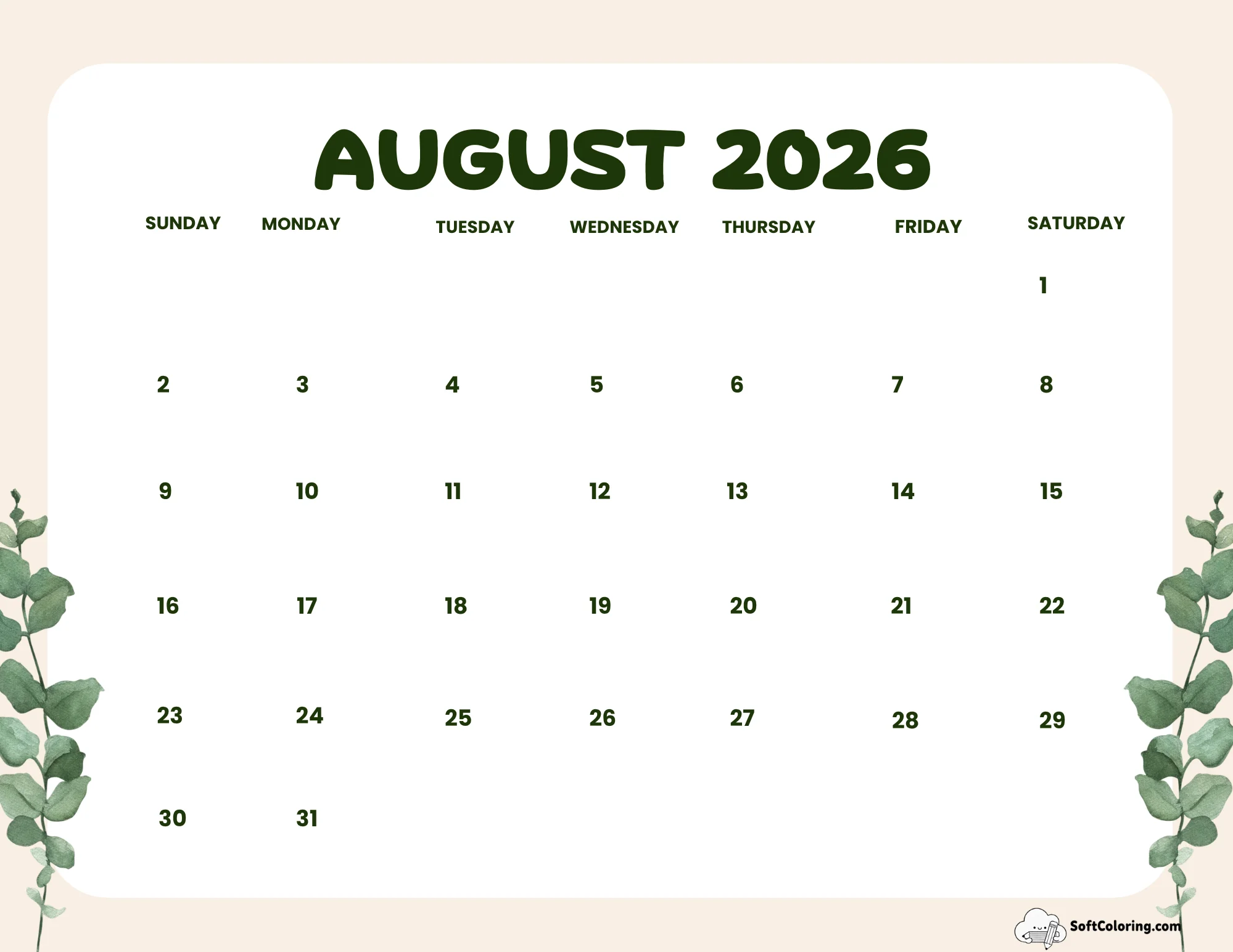 Calendar Printable Leaves Landscape