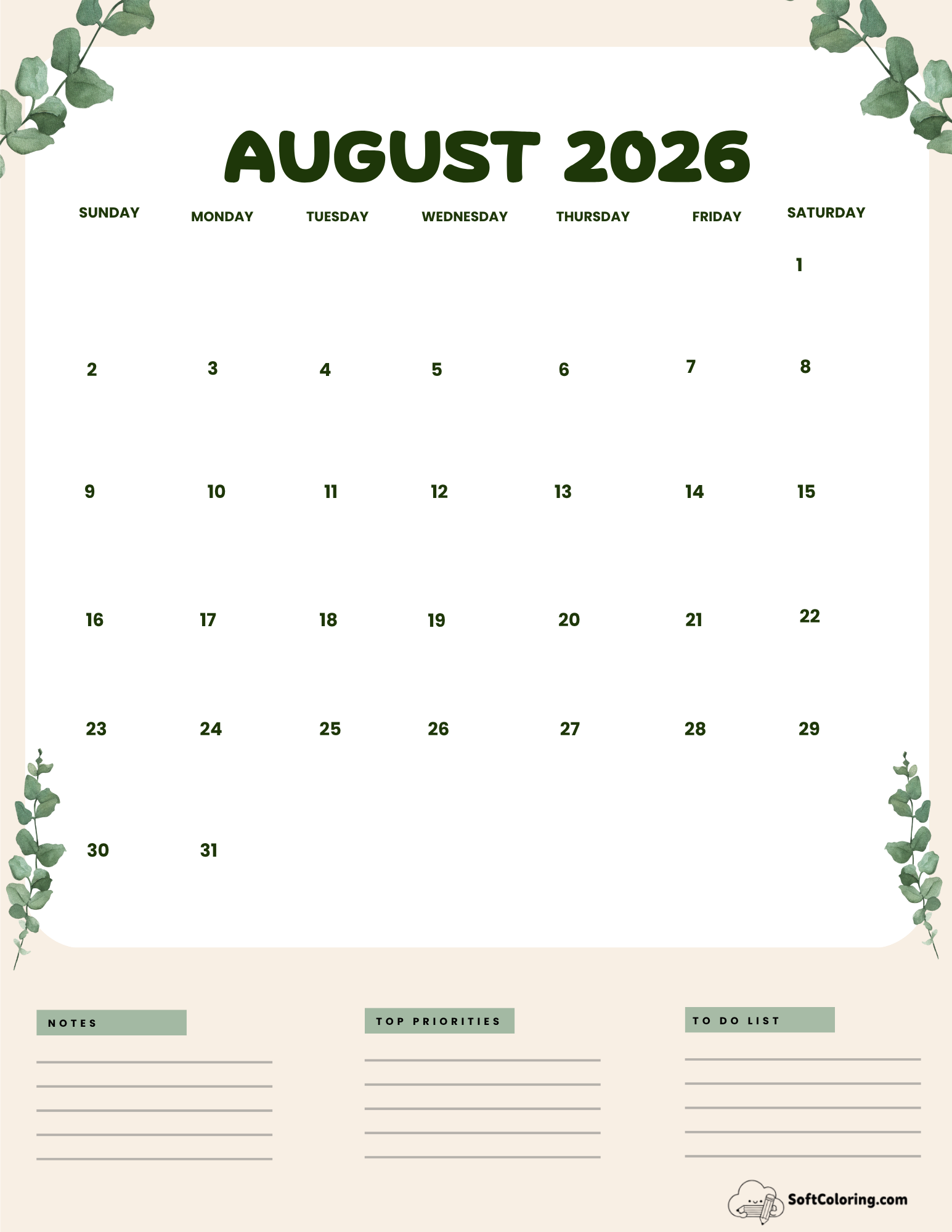 August 2026 Calendar Printable Leaves Portrait