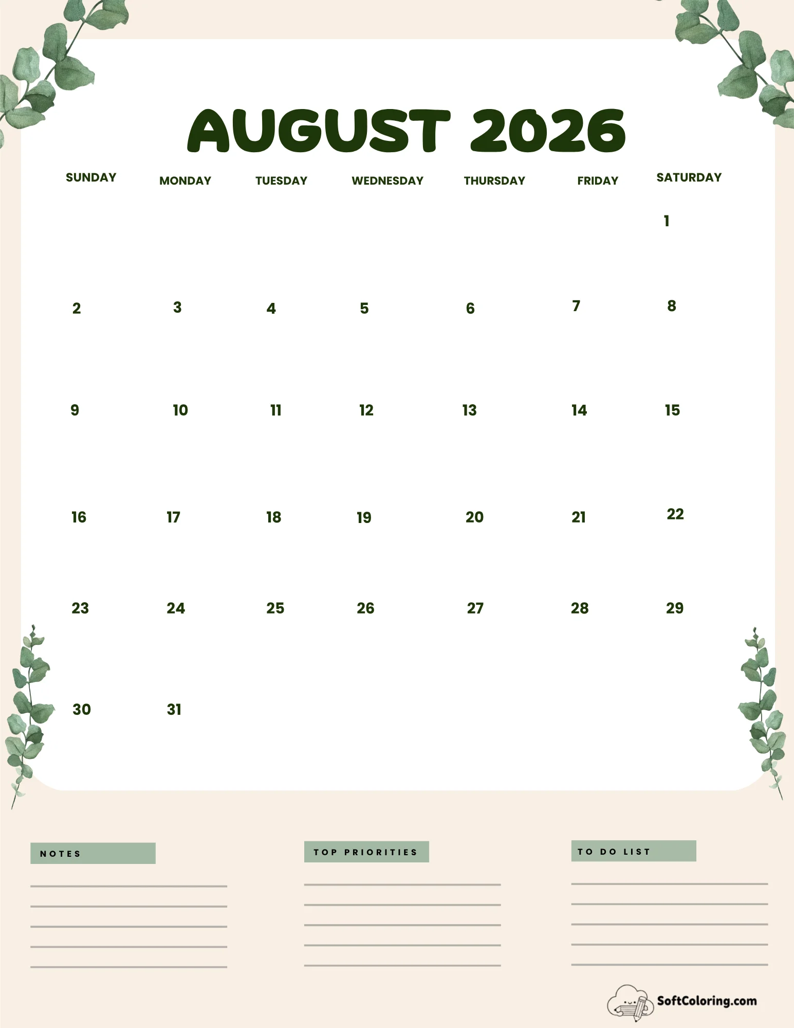 August 2026 Calendar Printable Leaves Portrait