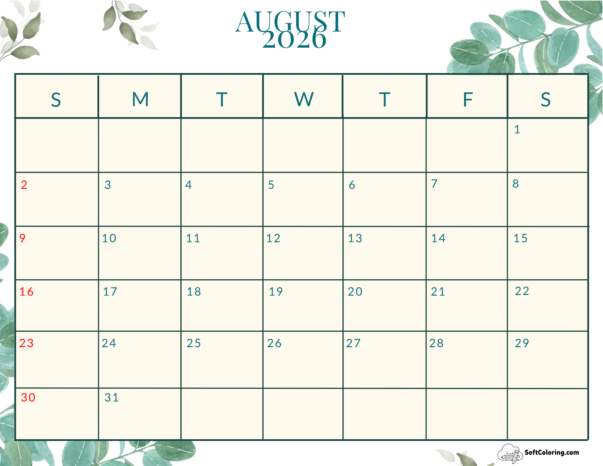 August 2026 Calendar Printable Nature Landscape