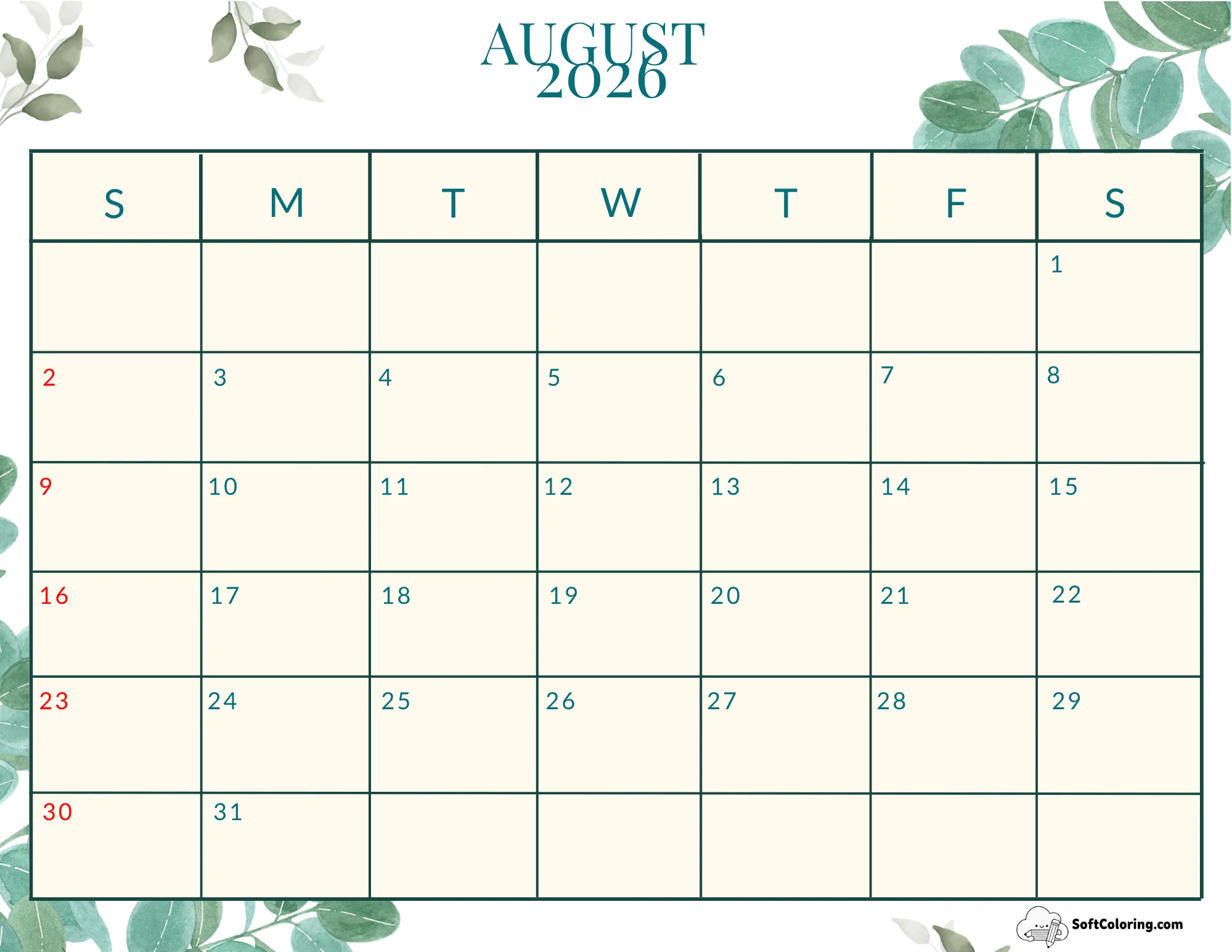 August 2026 Calendar Printable Nature Landscape
