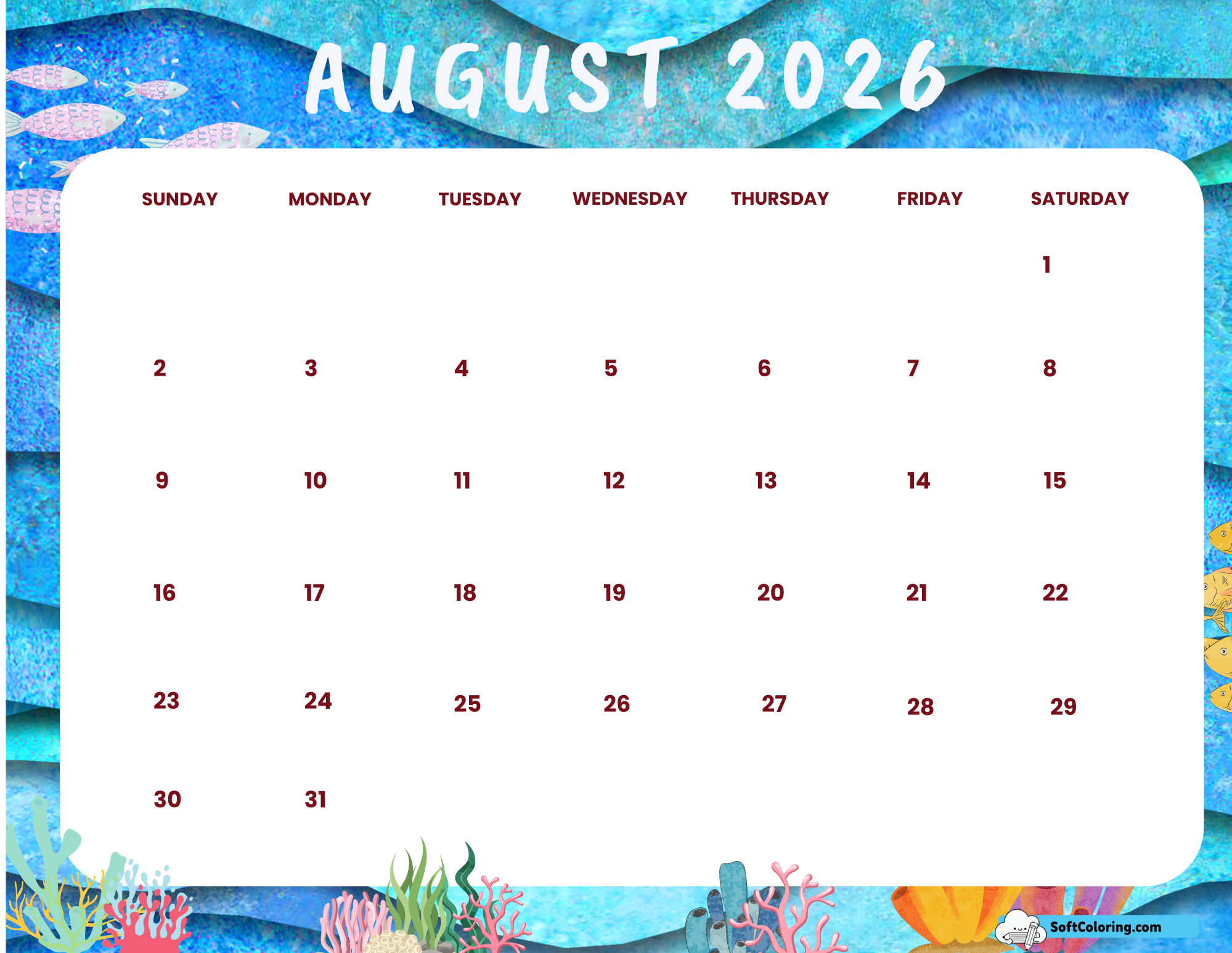 August 2026 Calendar Printable Ocean Landscape