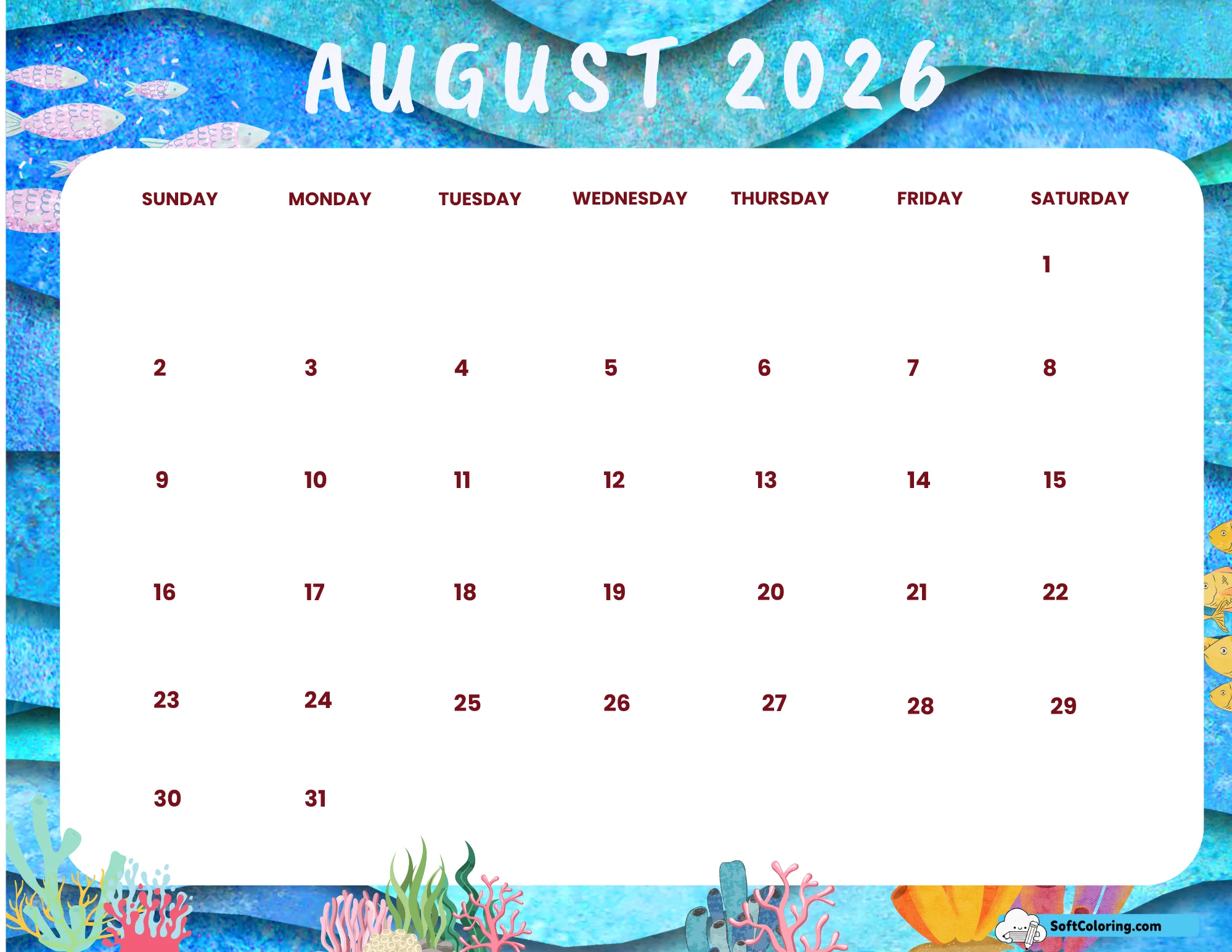 August 2026 Calendar Printable Ocean Landscape