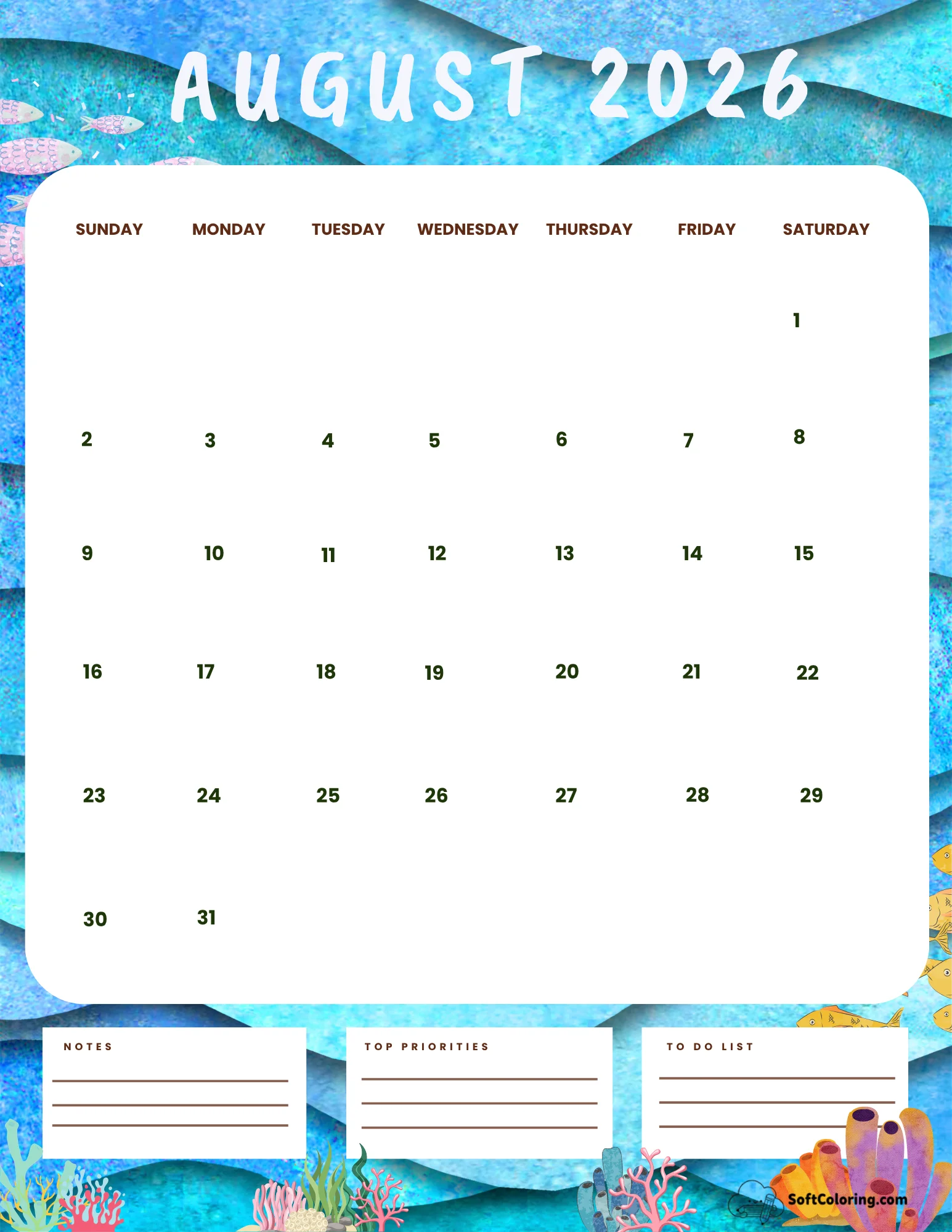 August 2026 Calendar Printable Ocean Portrait