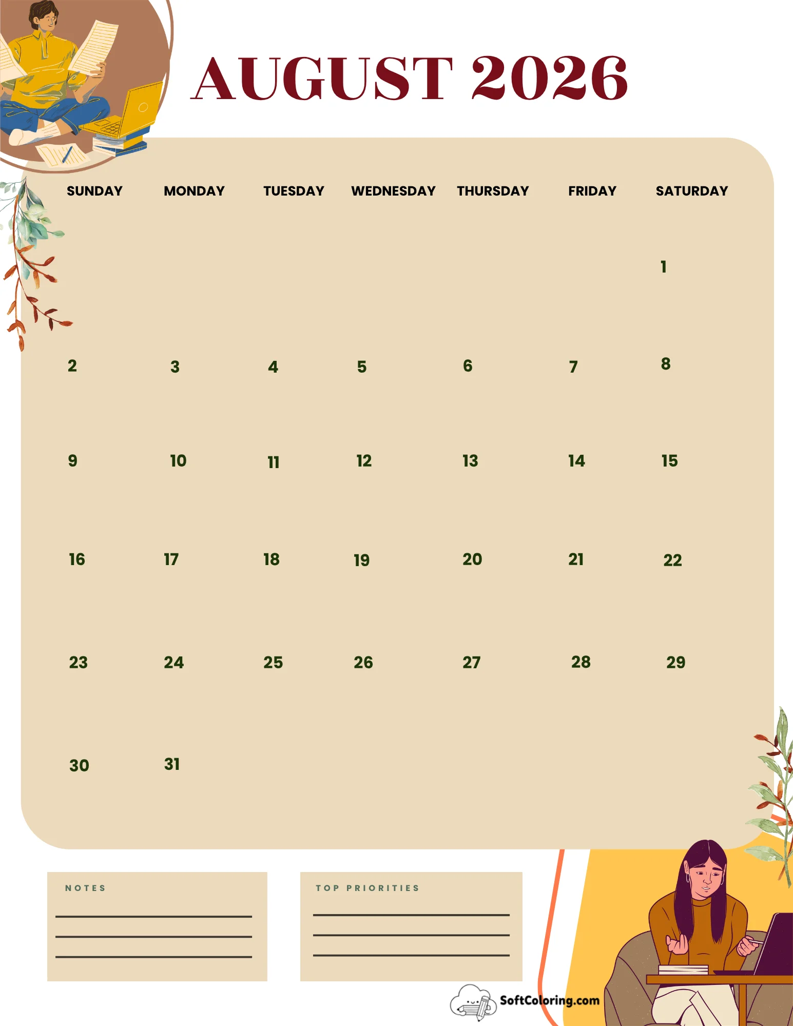 August 2026 Calendar Printable Students Portrait
