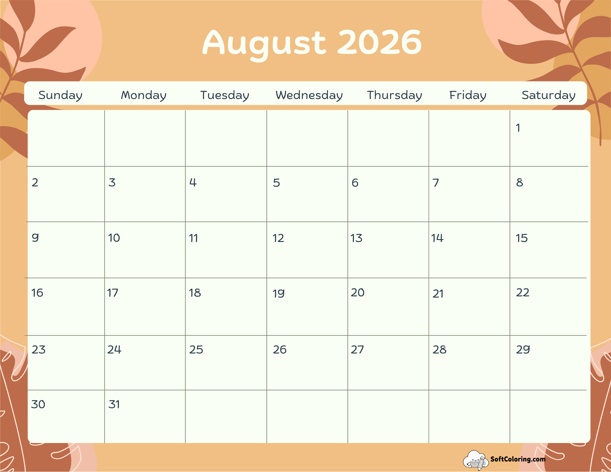 August 2026 Calendar Printable Terracotta Landscape