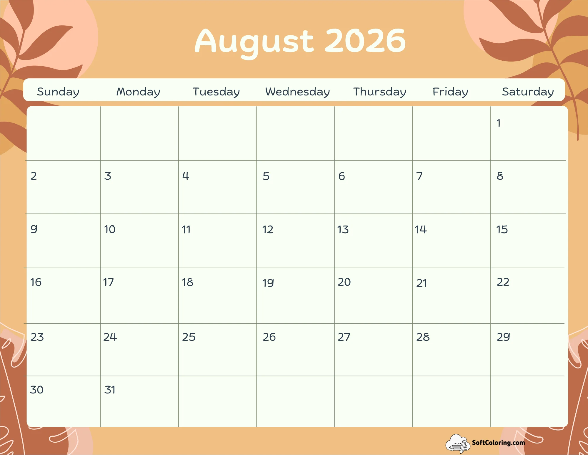 August 2026 Calendar Printable Terracotta Landscape
