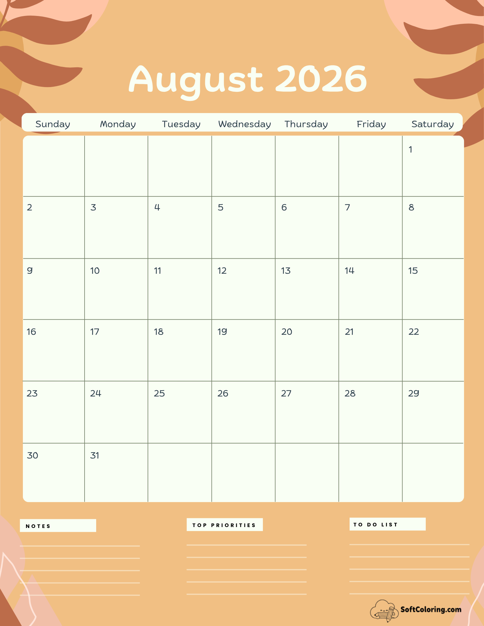 August 2026 Calendar Printable Terracotta Portrait