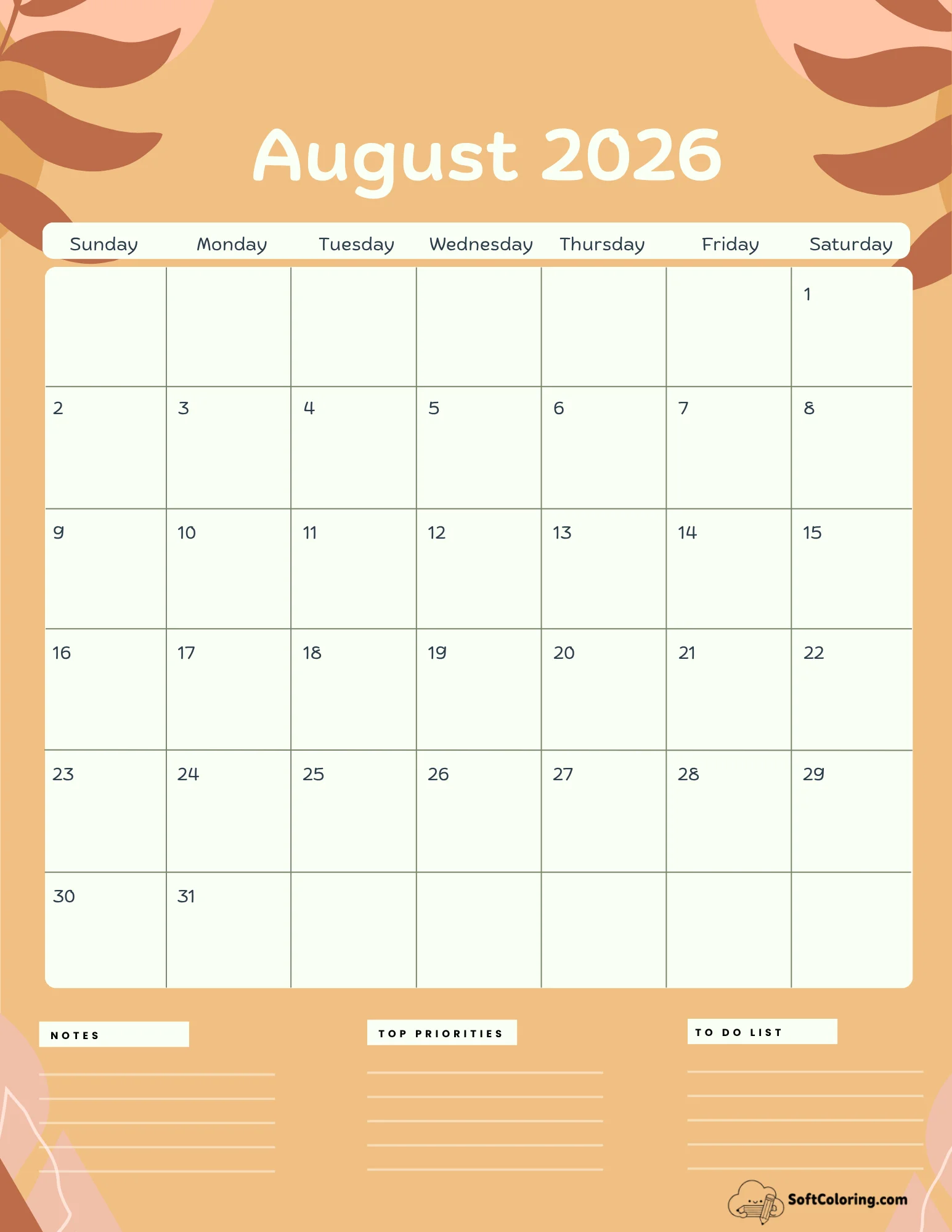 August 2026 Calendar Printable Terracotta Portrait