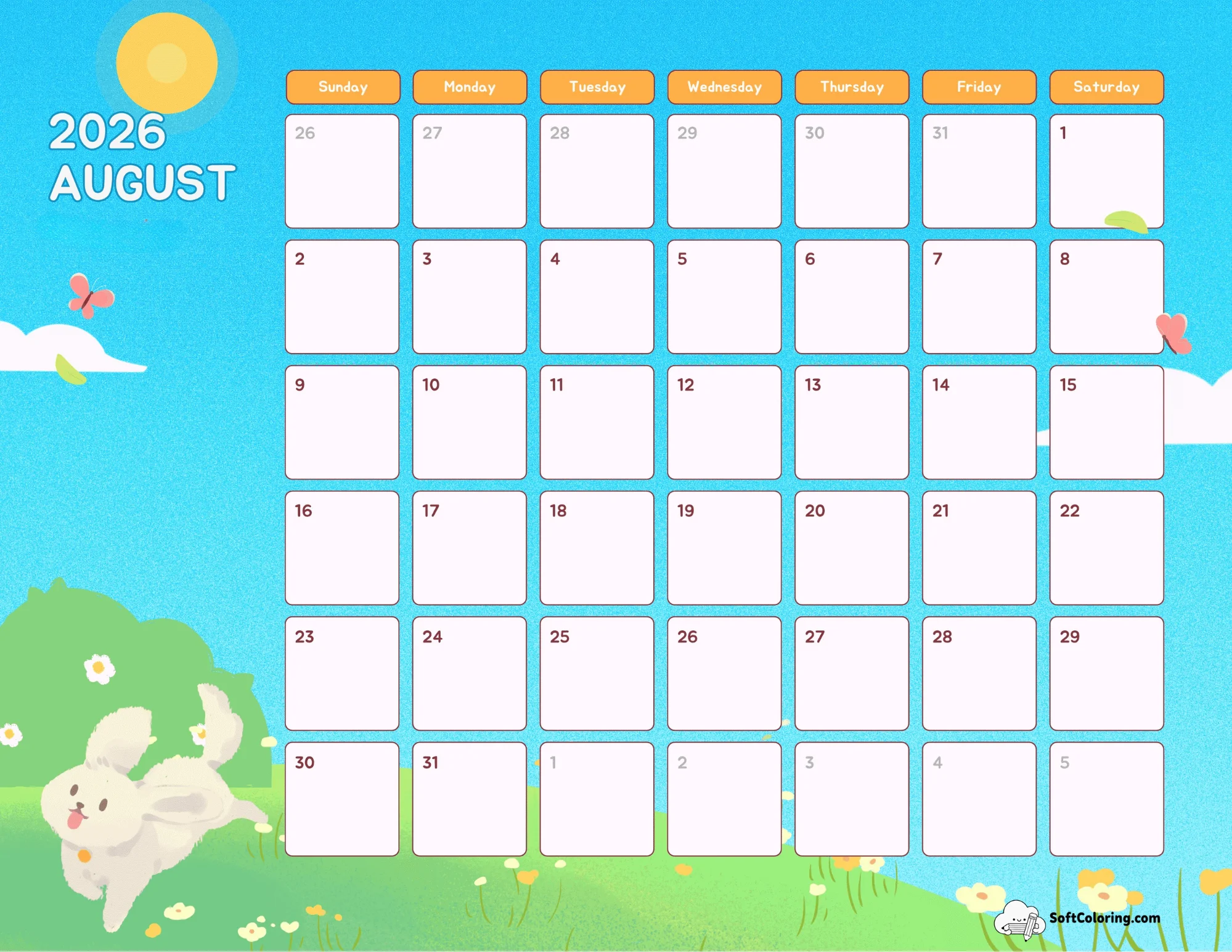 Cute Summer Hills Dog August Calendar 2026 Template