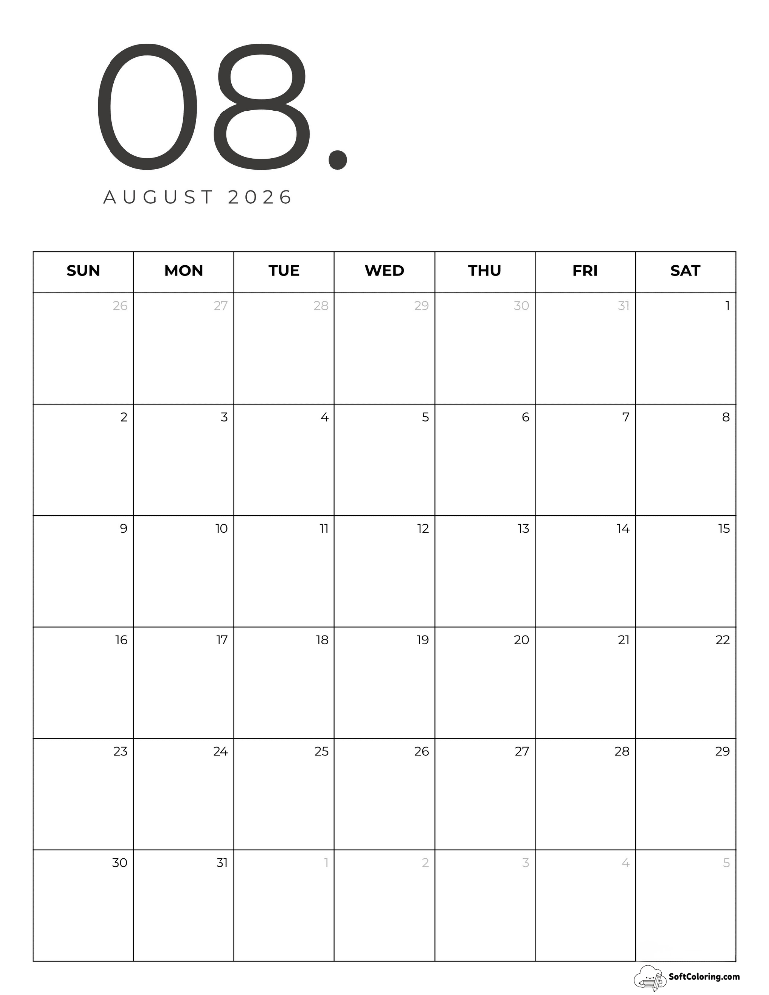 Modern Minimalist August Calendar Portrait Template 2026