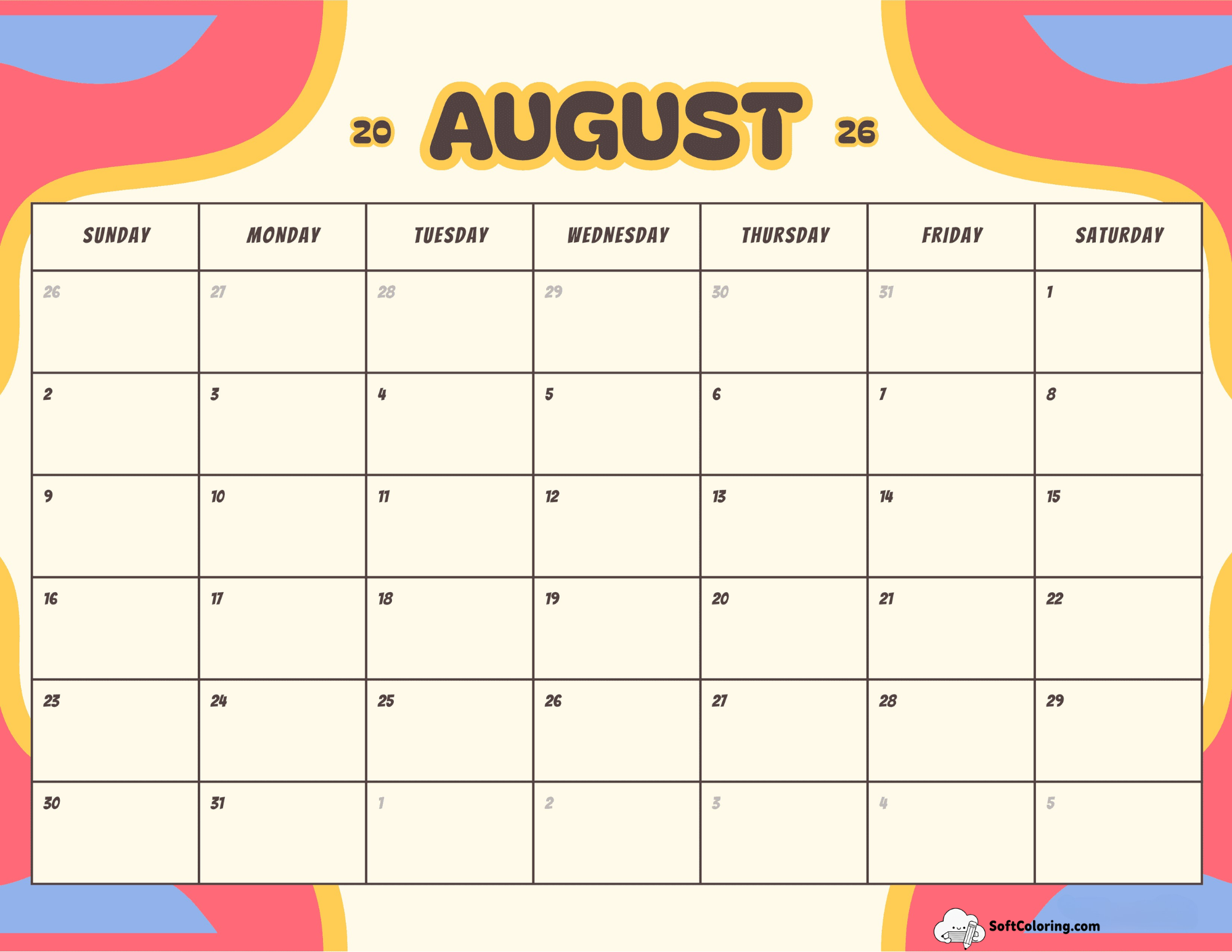 Colorful Retro August Printable Calendar 2026