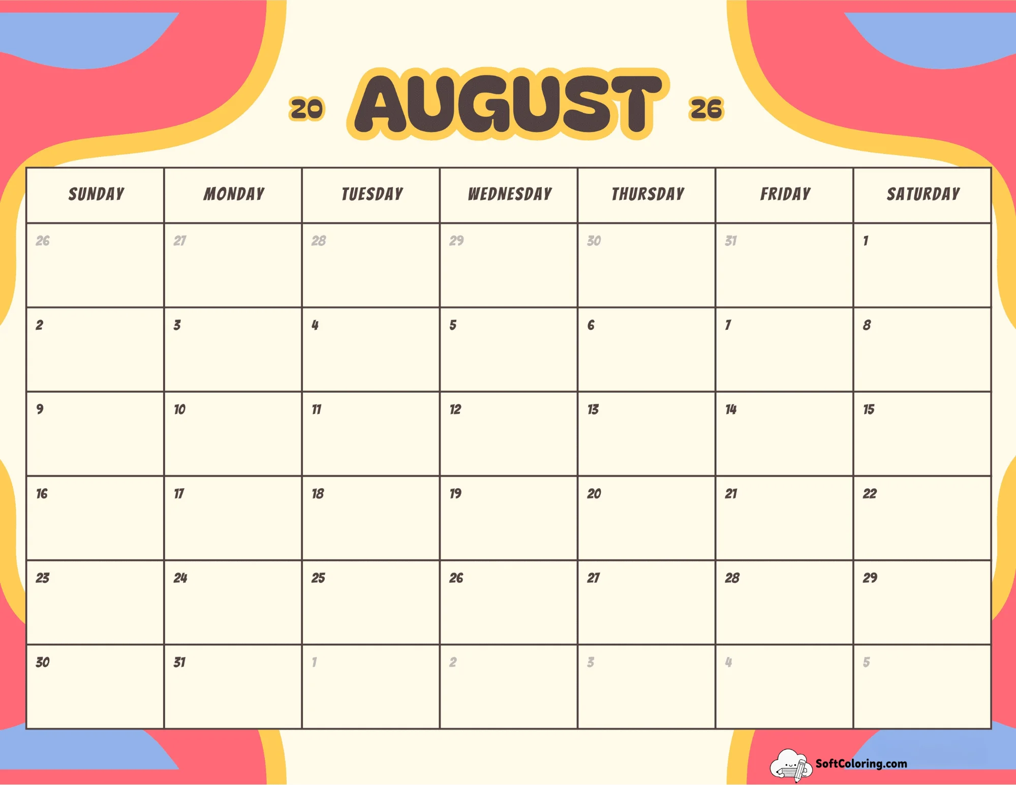 Colorful Retro August Printable Calendar 2026