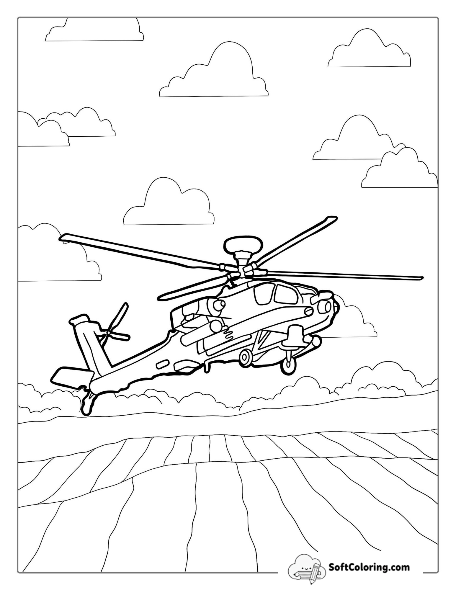 Military Attack Helicopter Flying Over Farm Fields