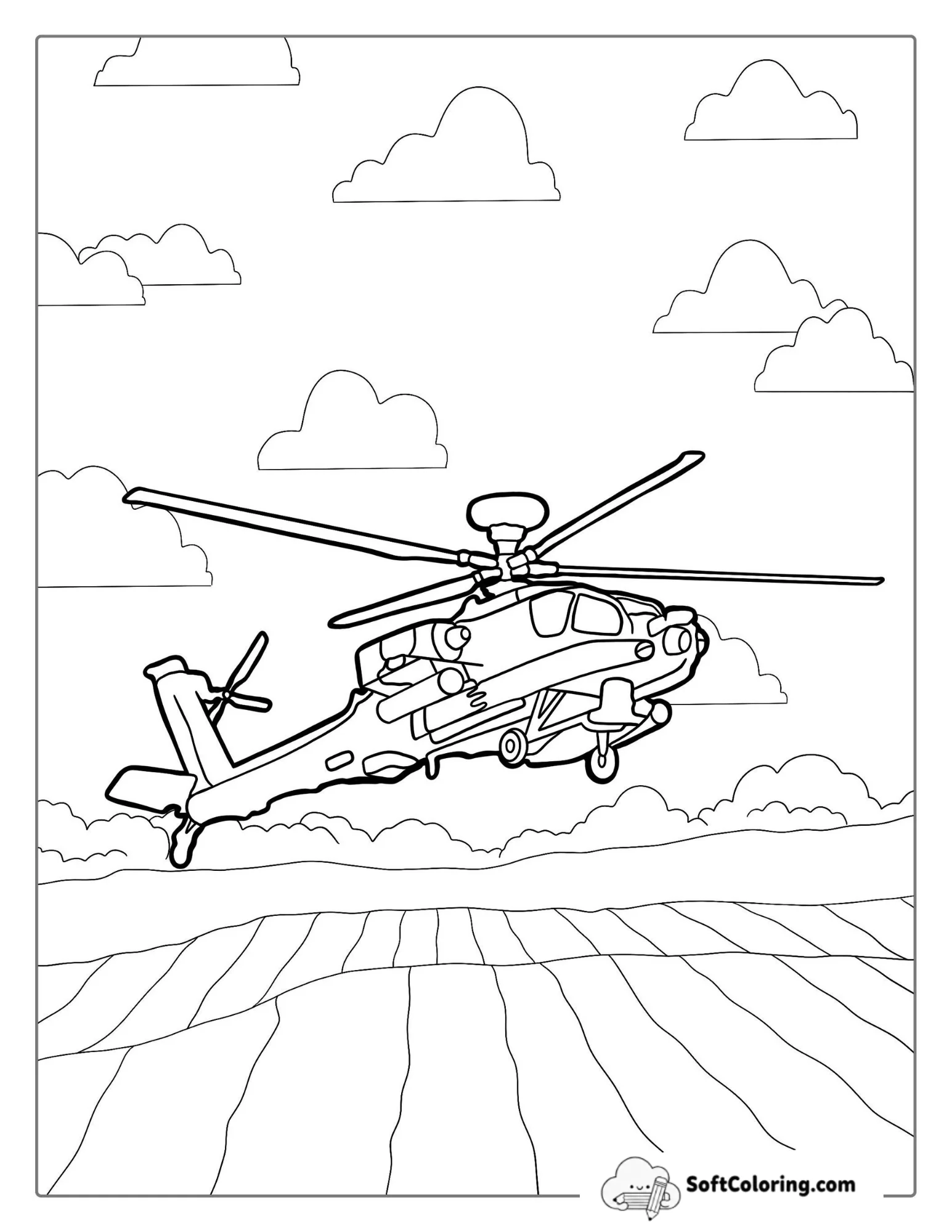 Military Attack Helicopter Flying Over Farm Fields