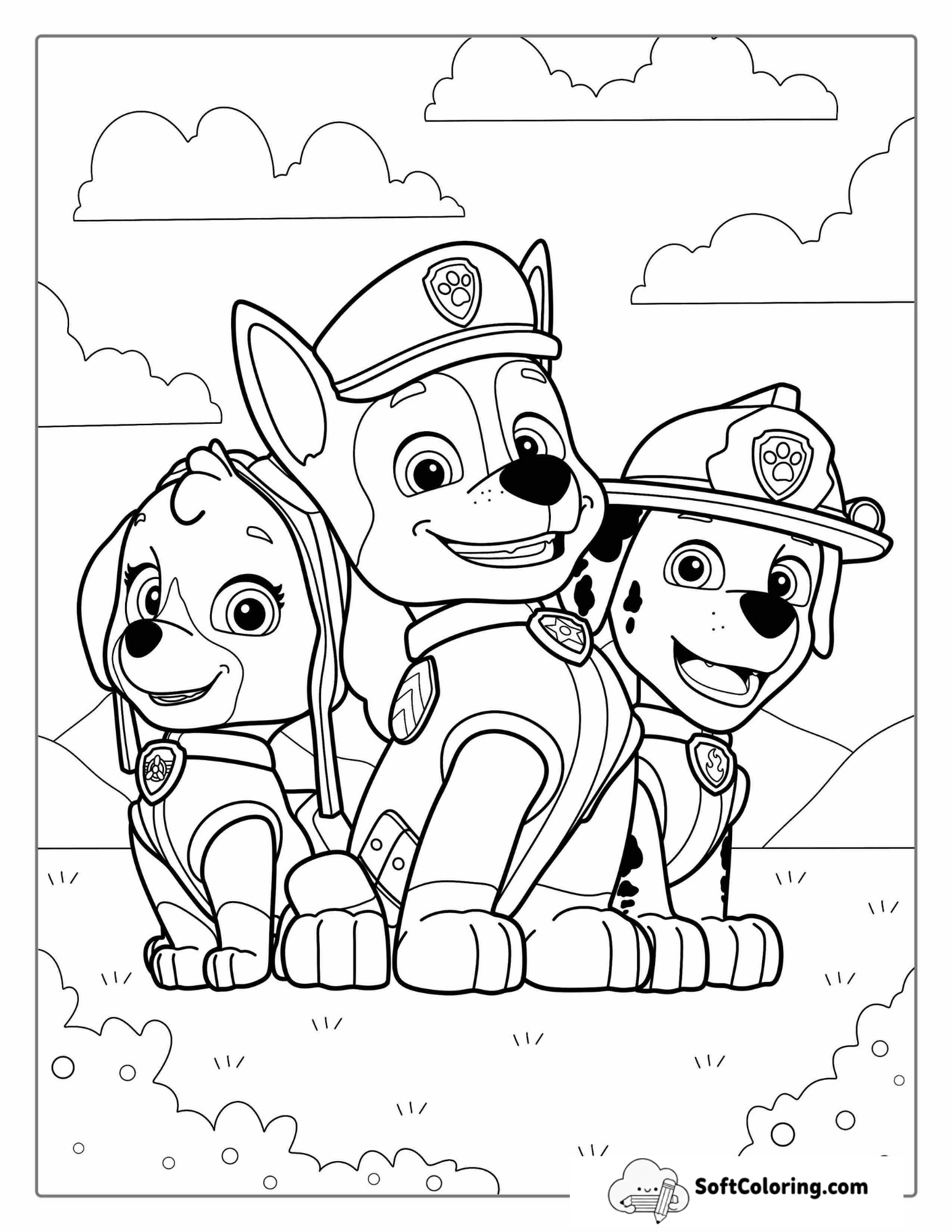 Chase, Skye And Marshall Coloring Page For Kids