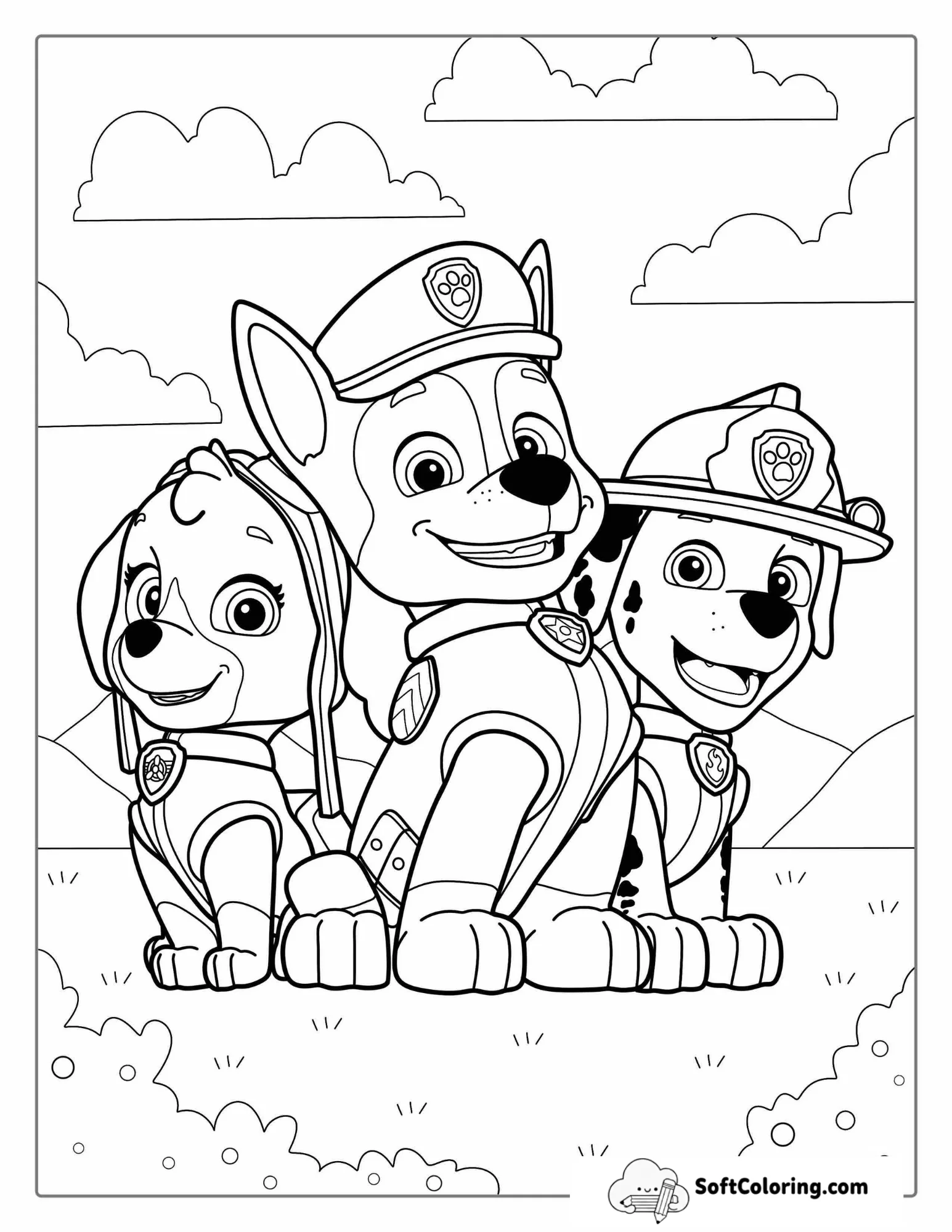 Chase, Skye And Marshall Coloring Page For Kids
