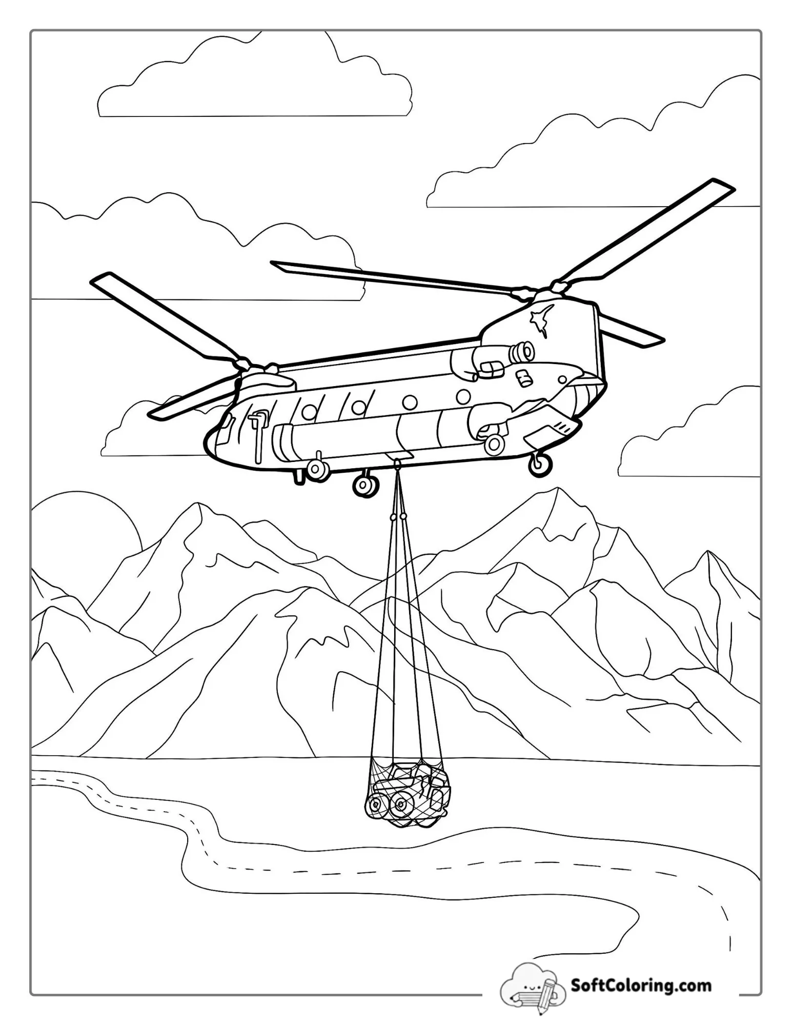 Chinook Helicopter Carrying A Jeep Over Mountain Range