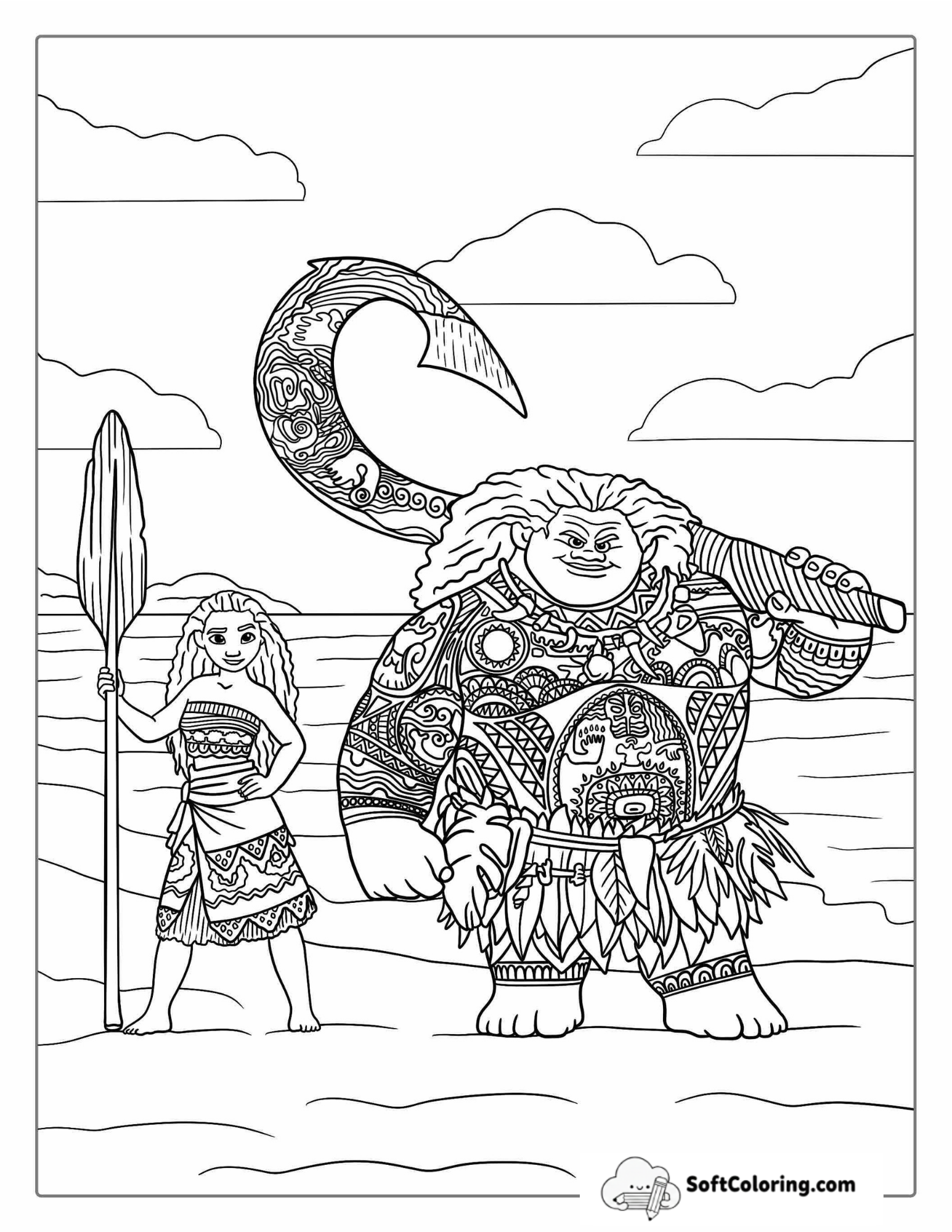 Coloring Page Of Moana And Maui On The Beach