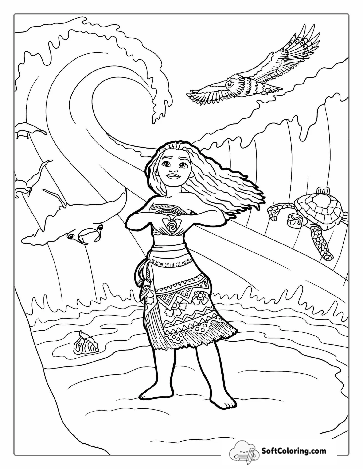 Coloring Page Of Moana With The Heart Of Te Fiti
