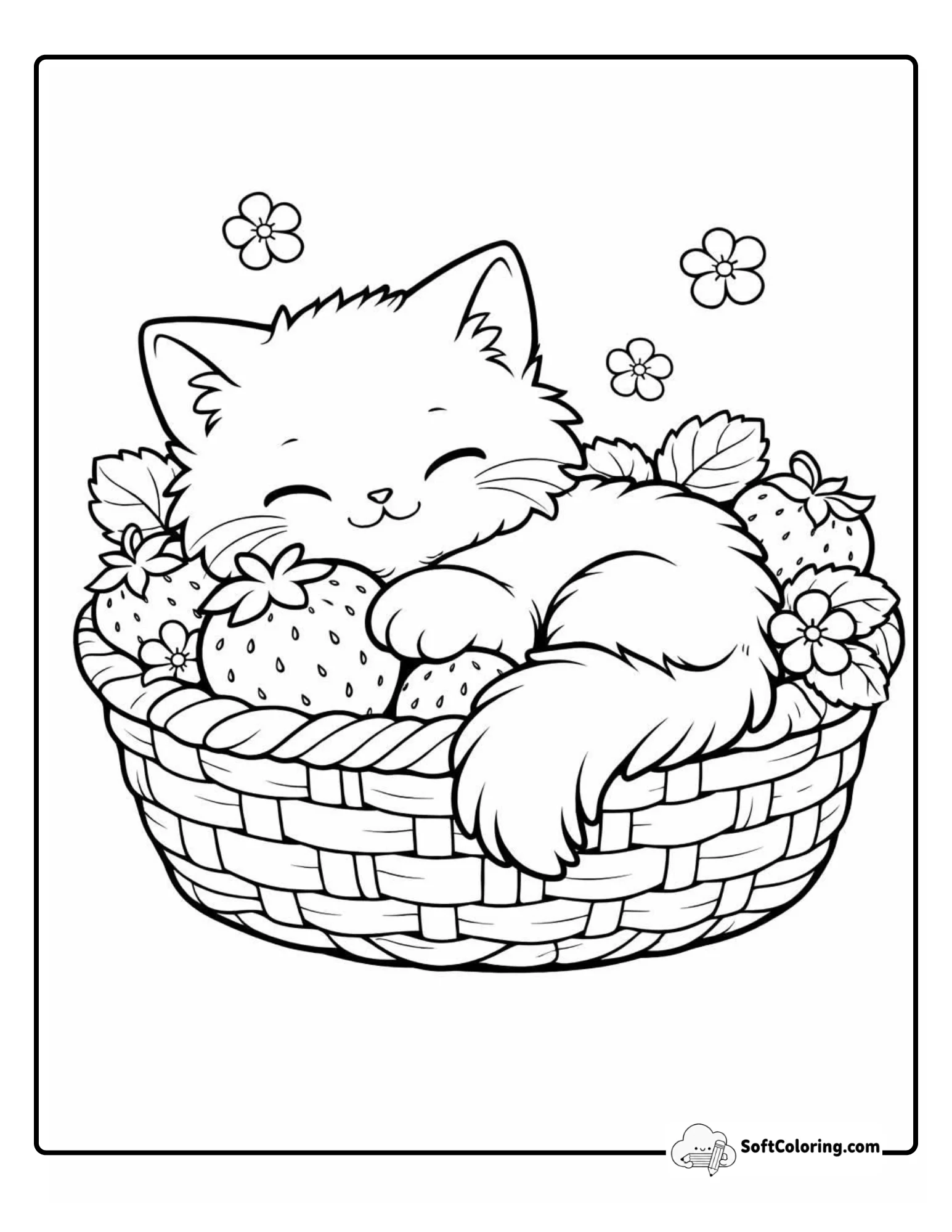 Cute Fluffy Kitten Sleeping In A Basket Full Of Strawberries
