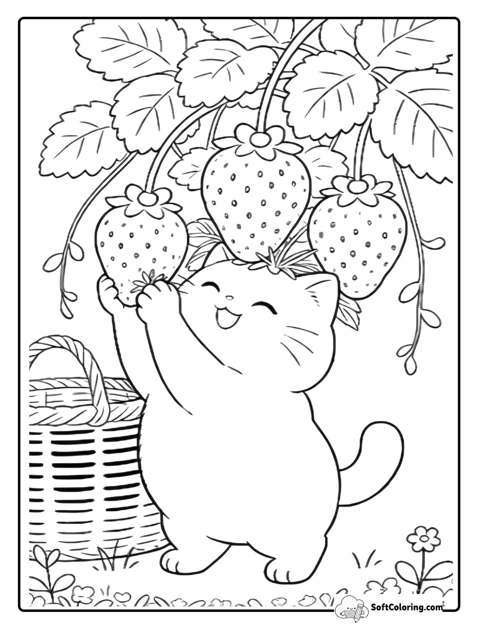 Cute Playful Cat Reaching To Pick Fresh Strawberries