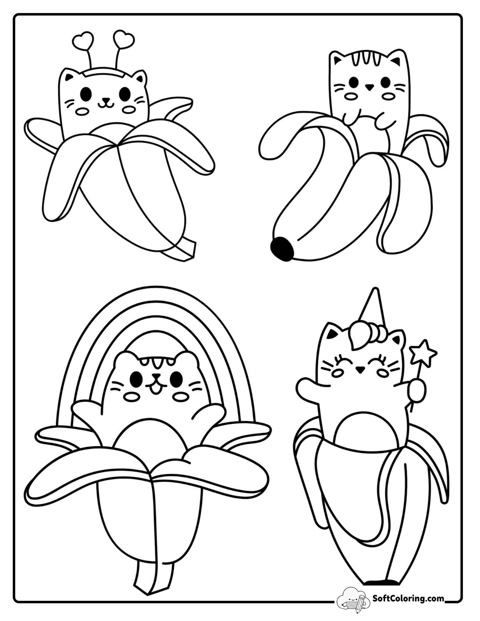 Four Cute Banana Cats With Rainbow And Unicorn