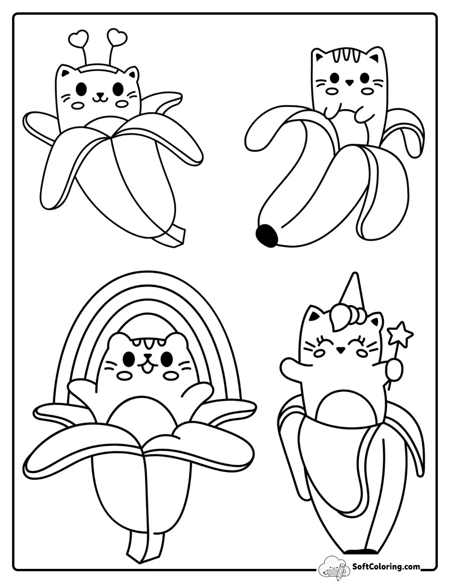 Four Cute Banana Cats With Rainbow And Unicorn