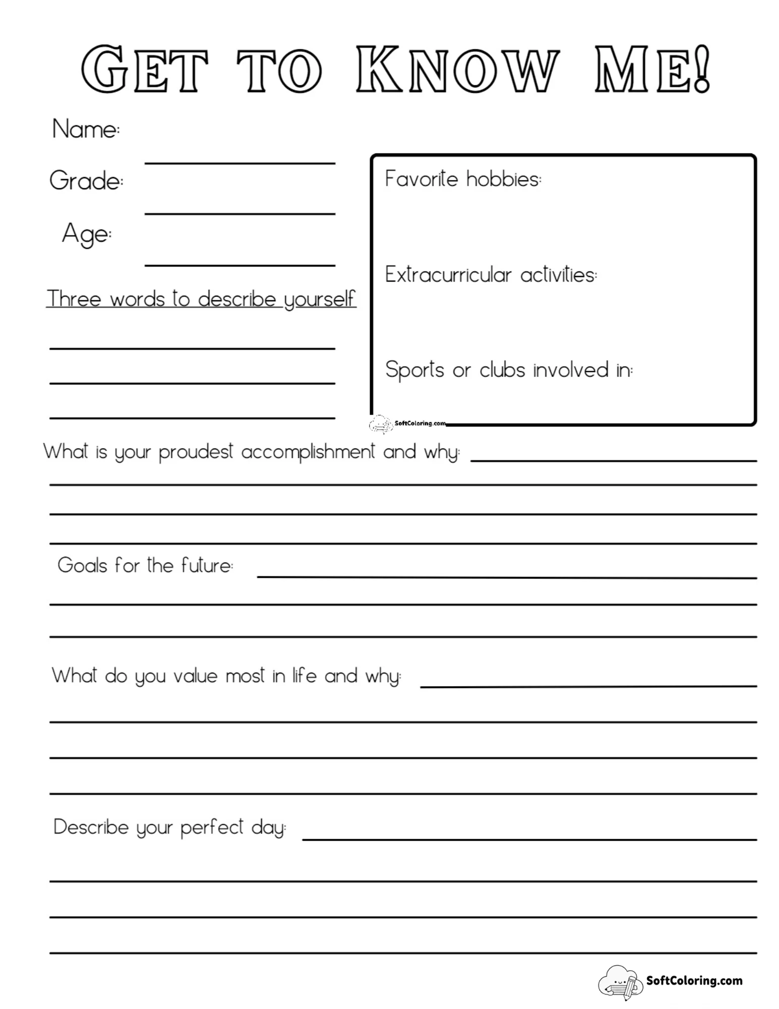 Get To Know Me Worksheet For High School