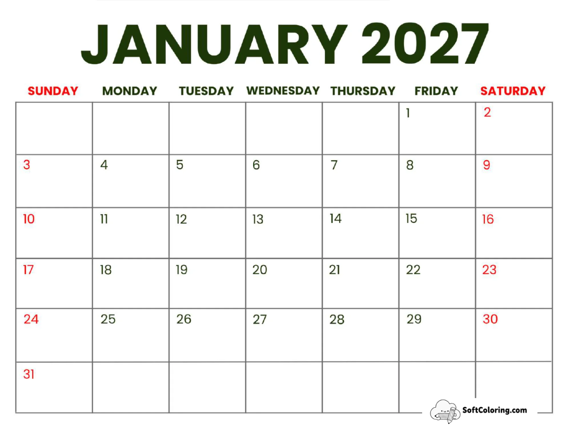 January 2027 Calendar Printable Business Landscape