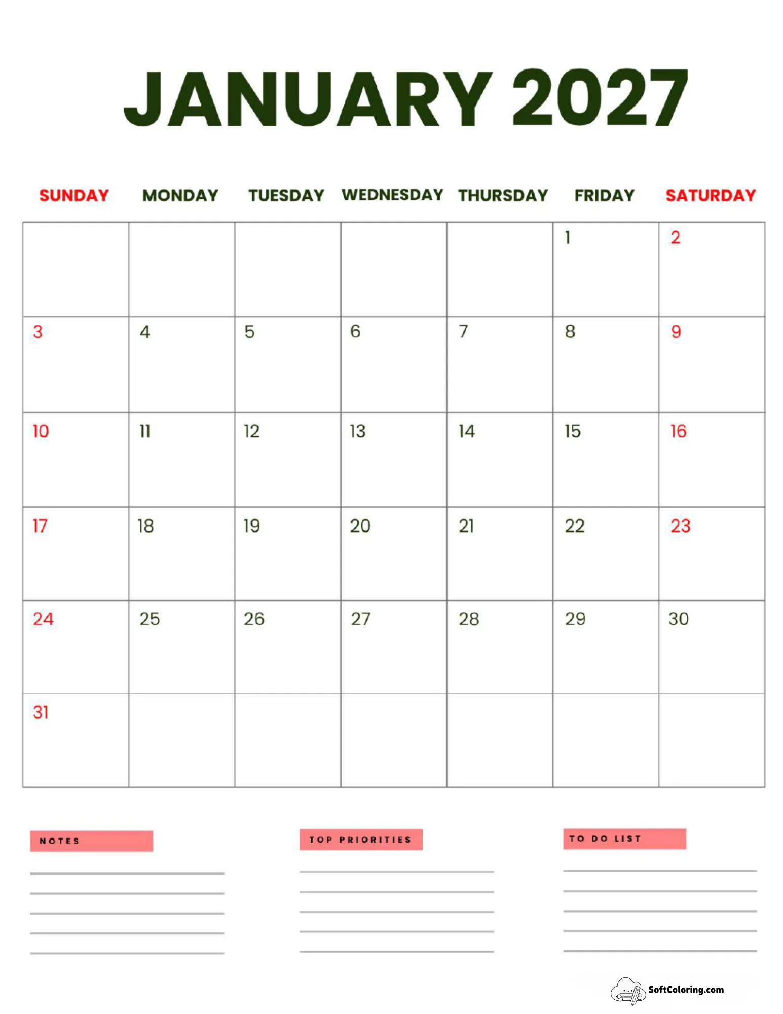 January 2027 Calendar Printable Business Portrait