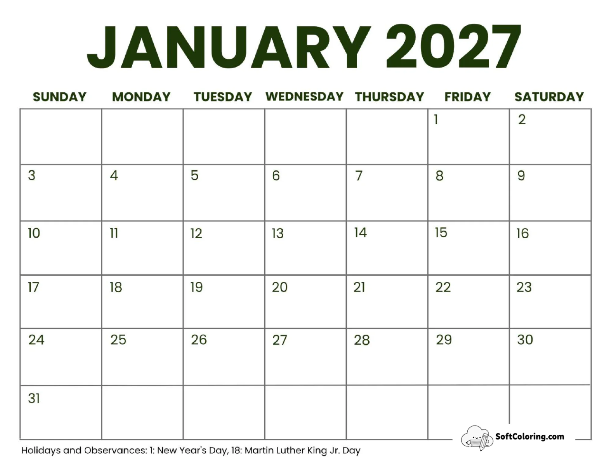January 2027 Calendar Printable Sun Landscape