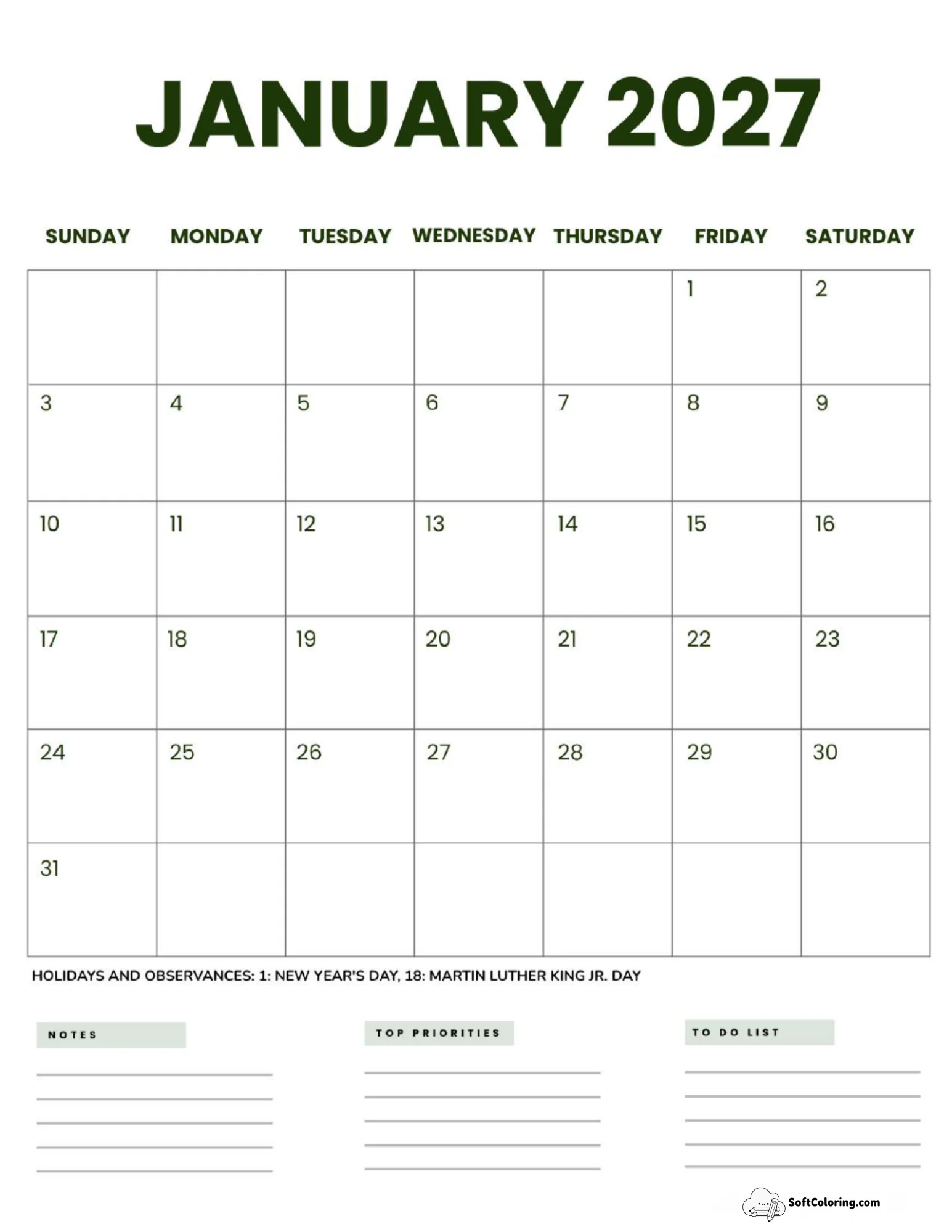 January 2027 Calendar Printable Business2 Portrait